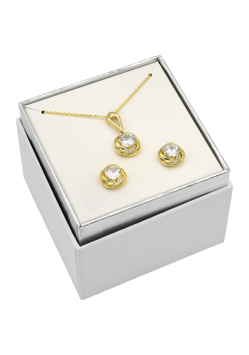 Lab Grown Gold Tone Round Cubic Zirconia Love Knot Necklace and Earrings Set