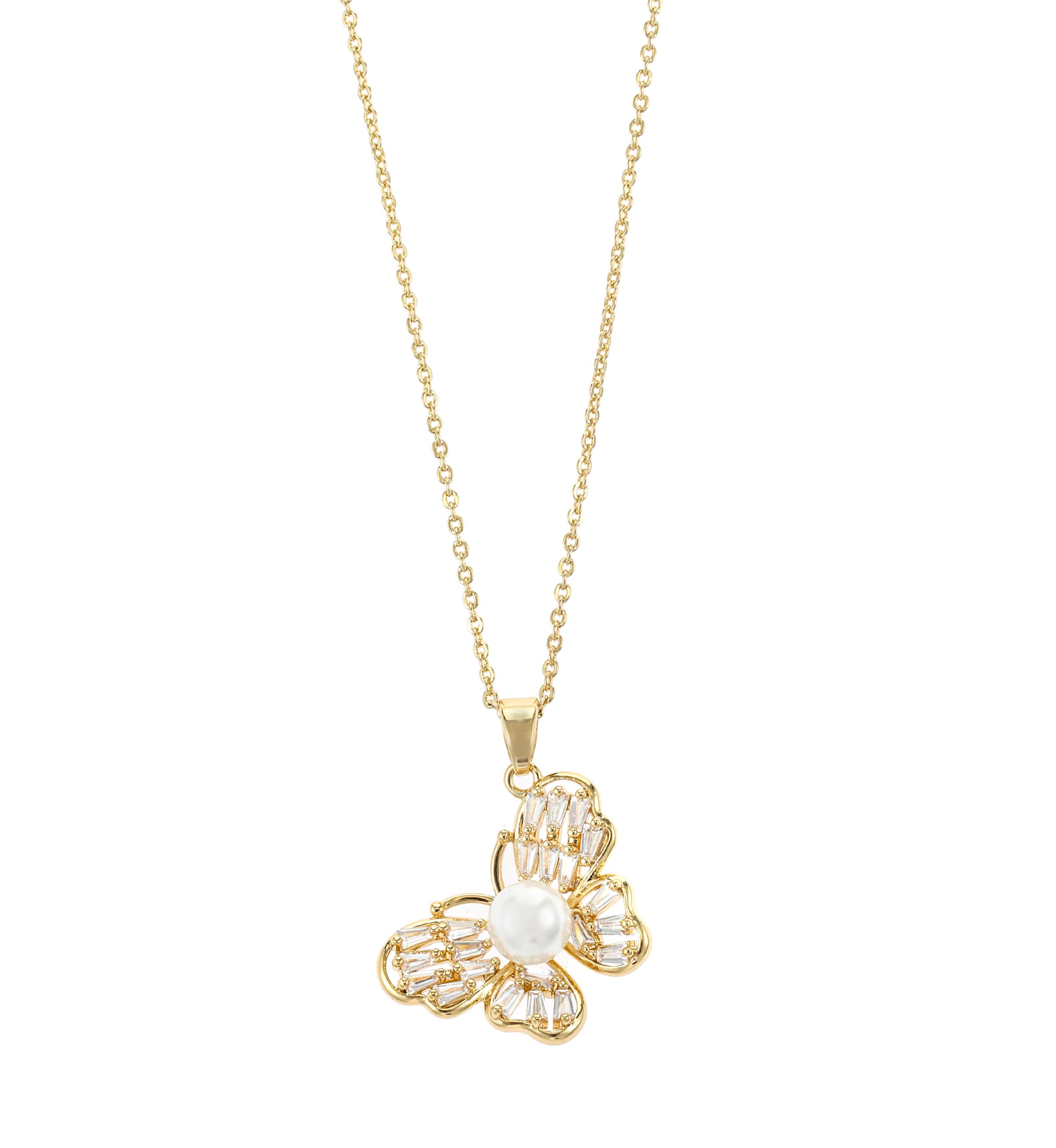 Lab Grown Gold Tone Butterfly Pendant with Pearl and Cubic Zirconia Necklace