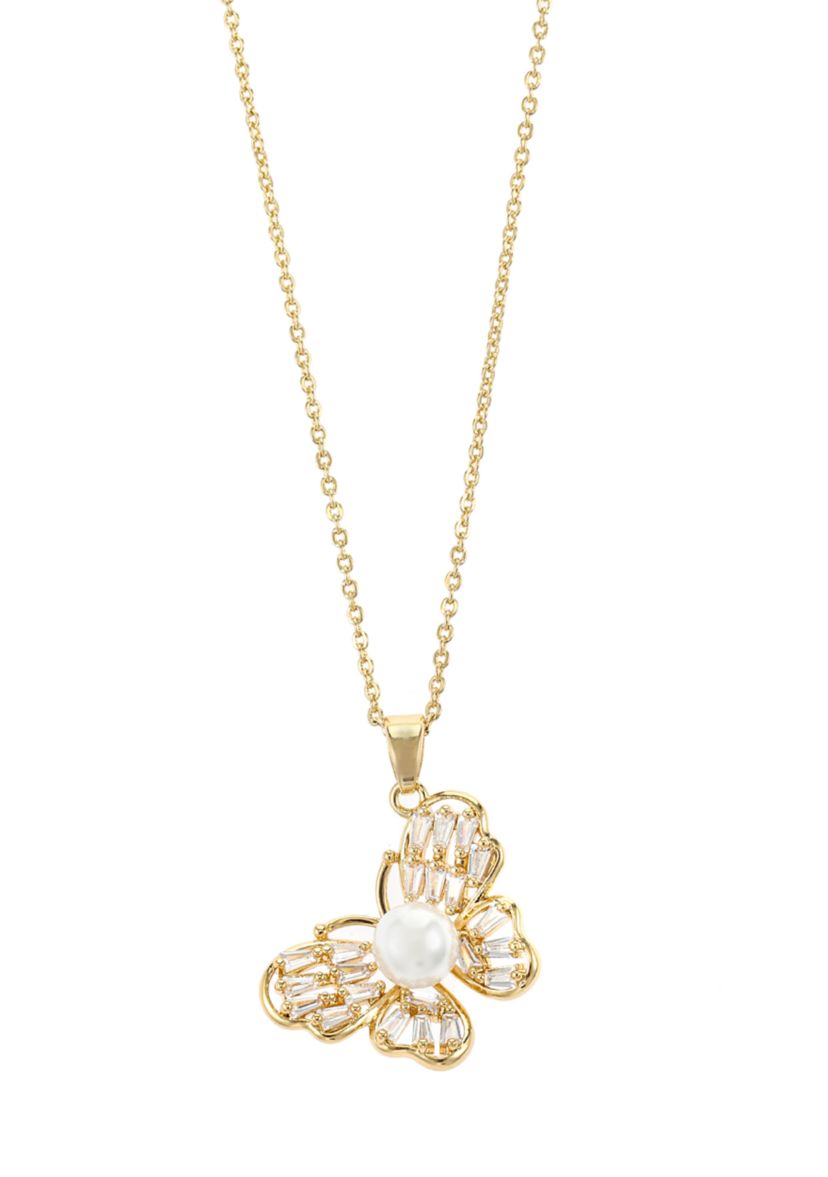 Lab Grown Gold Tone Butterfly Pendant with Pearl and Cubic Zirconia Necklace