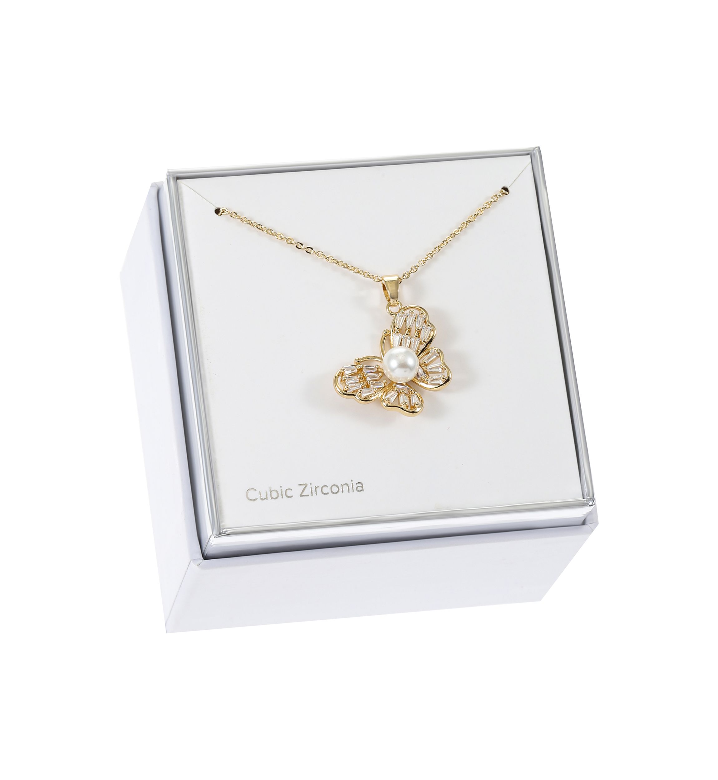 Lab Grown Gold Tone Butterfly Pendant with Pearl and Cubic Zirconia Necklace