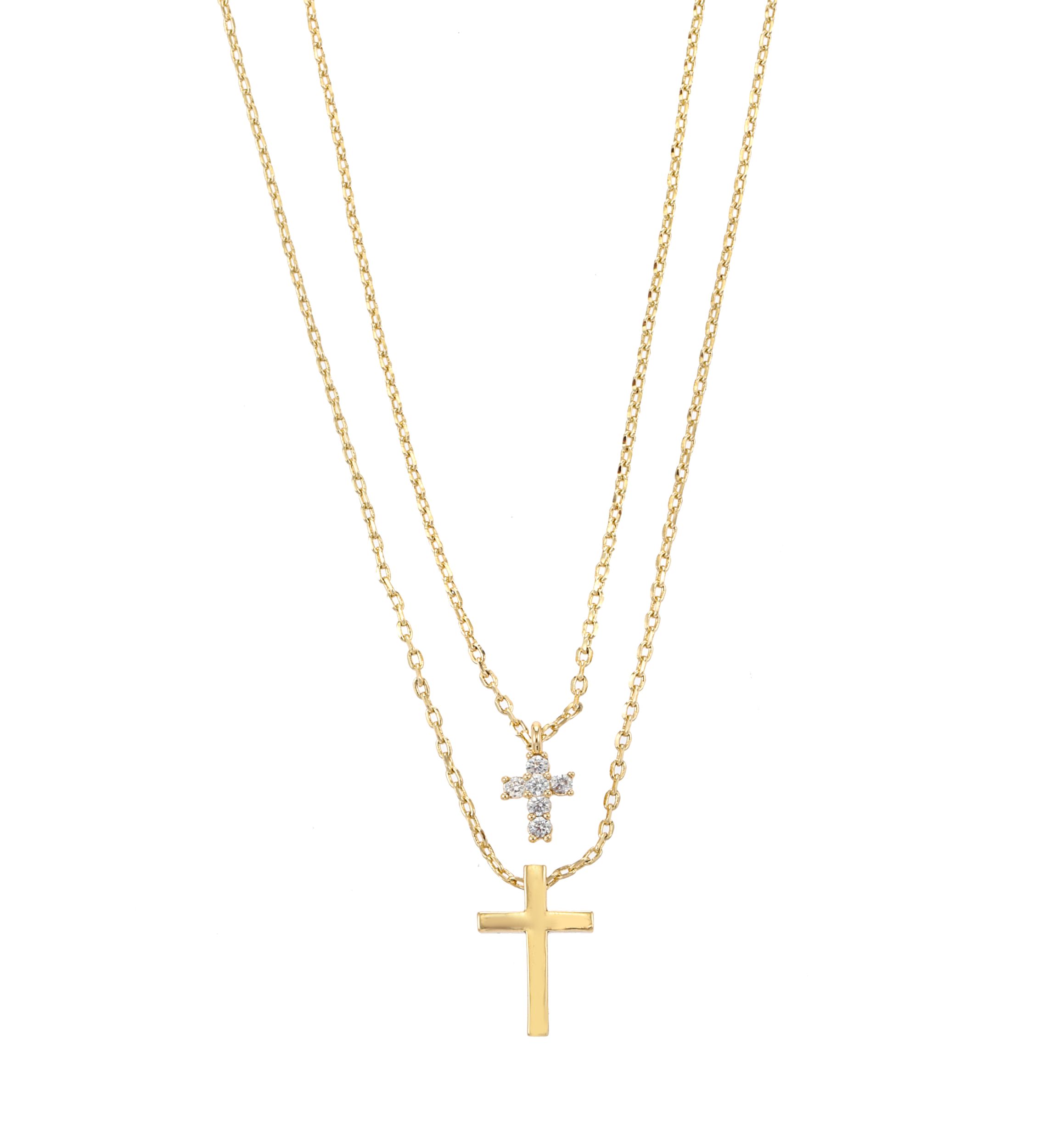 Gold Tone Cubic Zirconia and Cross Pendant Duo Necklace Set 