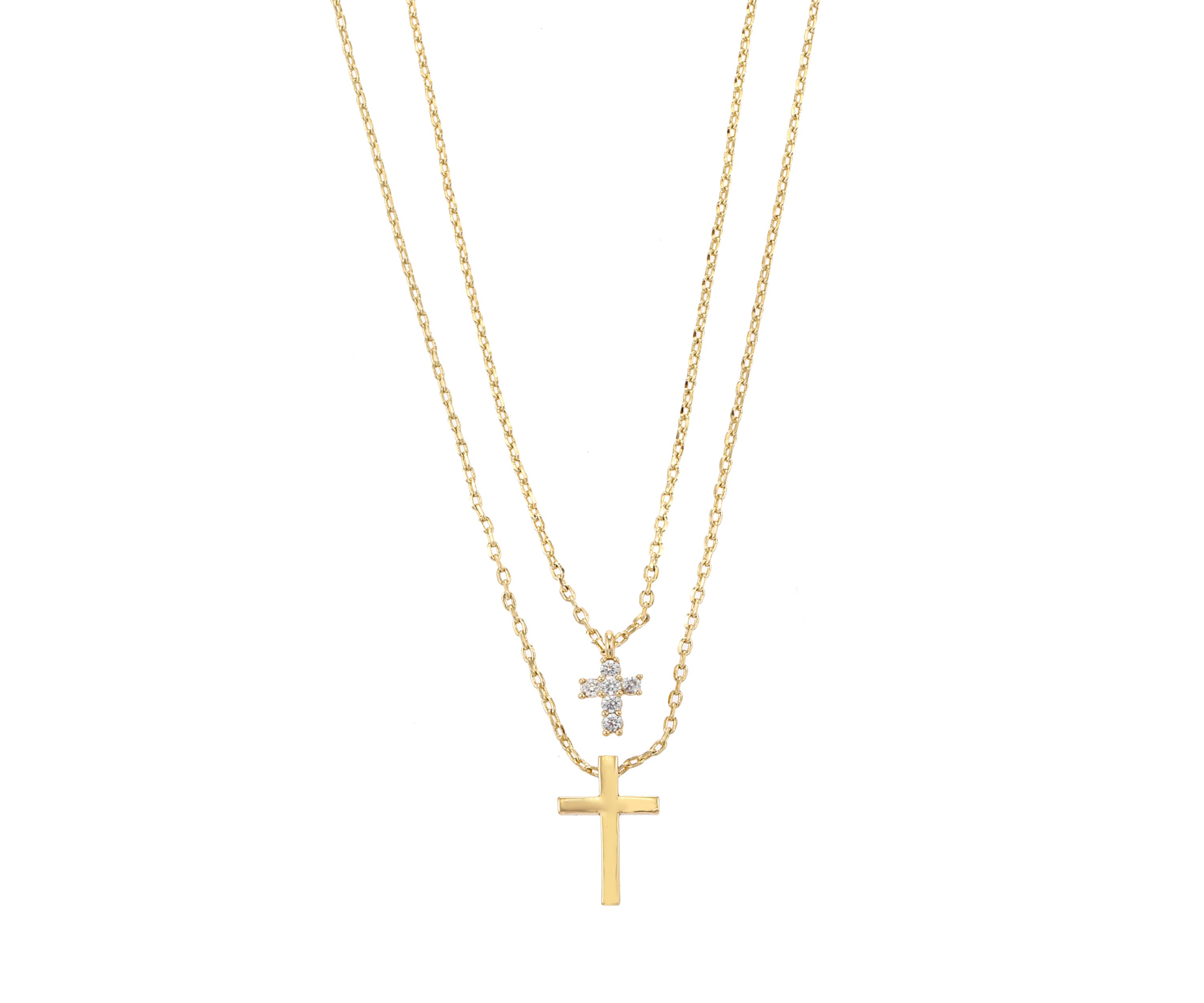 Gold Tone Cubic Zirconia and Cross Pendant Duo Necklace Set 