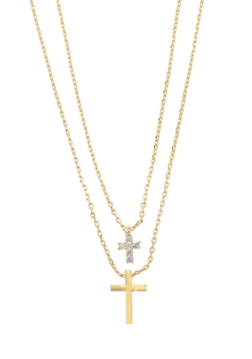 Gold Tone Cubic Zirconia and Cross Pendant Duo Necklace Set 