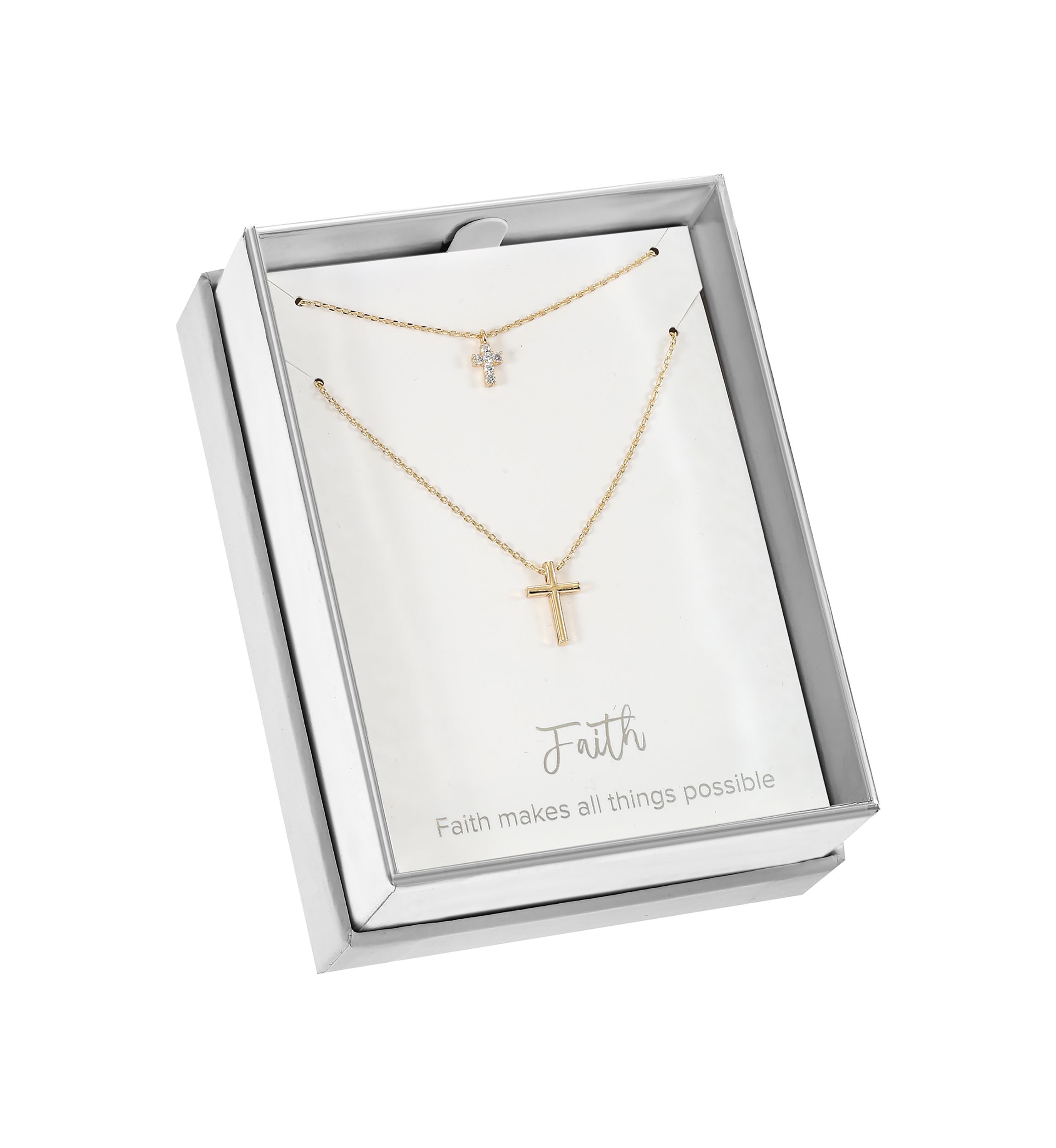 Gold Tone Cubic Zirconia and Cross Pendant Duo Necklace Set 