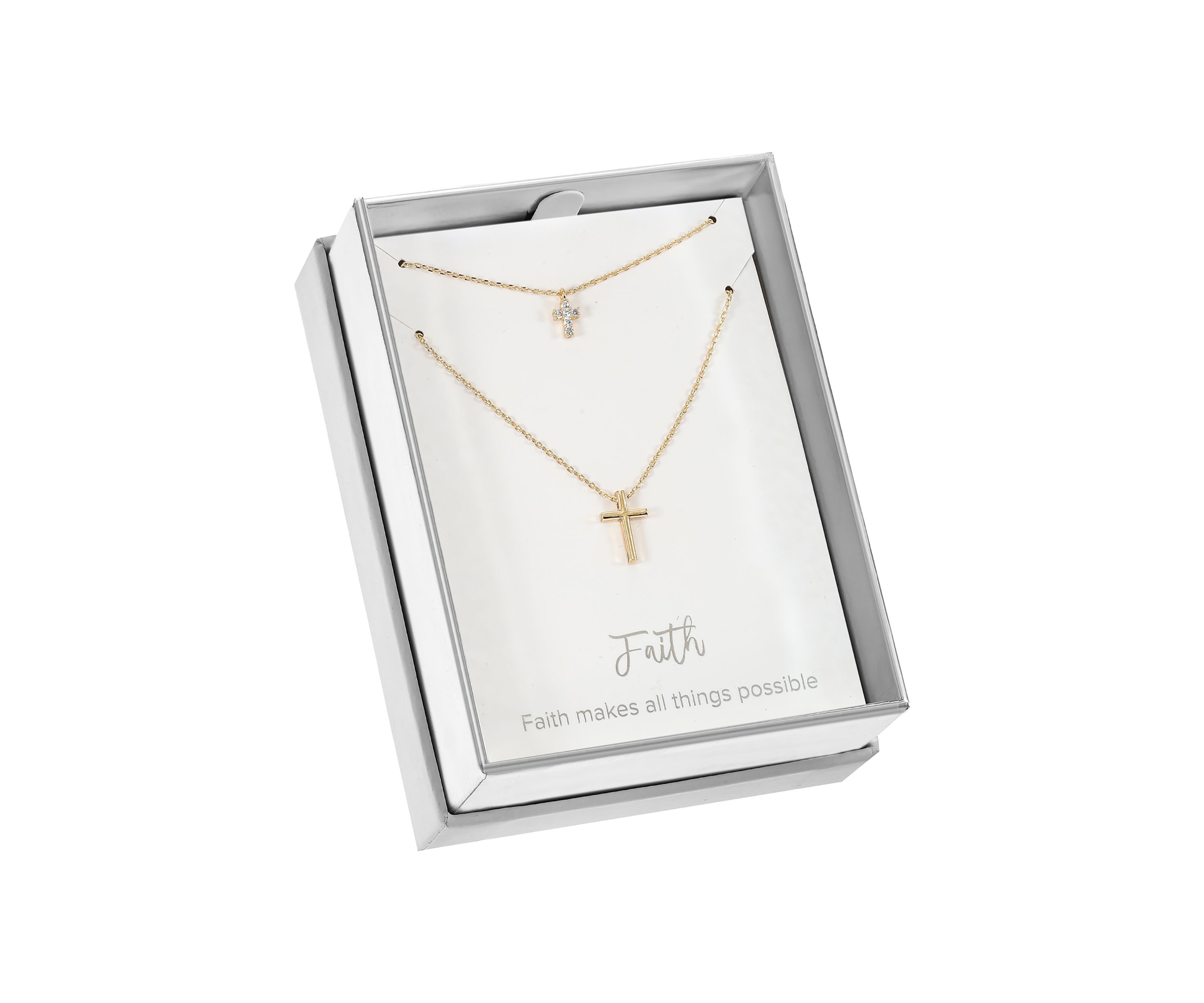 Gold Tone Cubic Zirconia and Cross Pendant Duo Necklace Set 