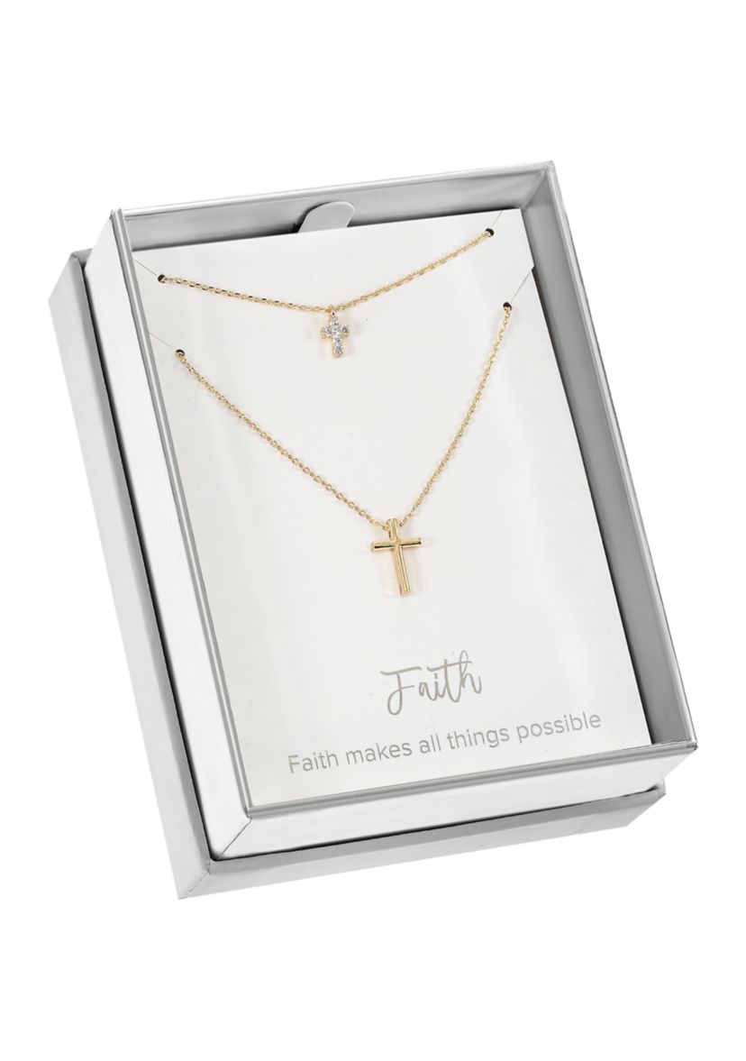 Gold Tone Cubic Zirconia and Cross Pendant Duo Necklace Set 