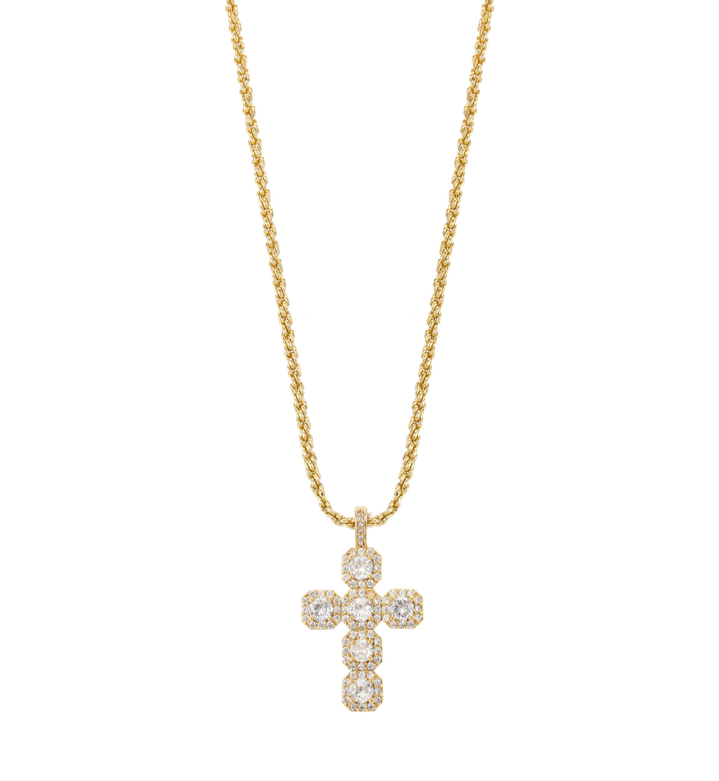 Lab Created Gold Tone Cross Pendant with Round CZ stones Necklace