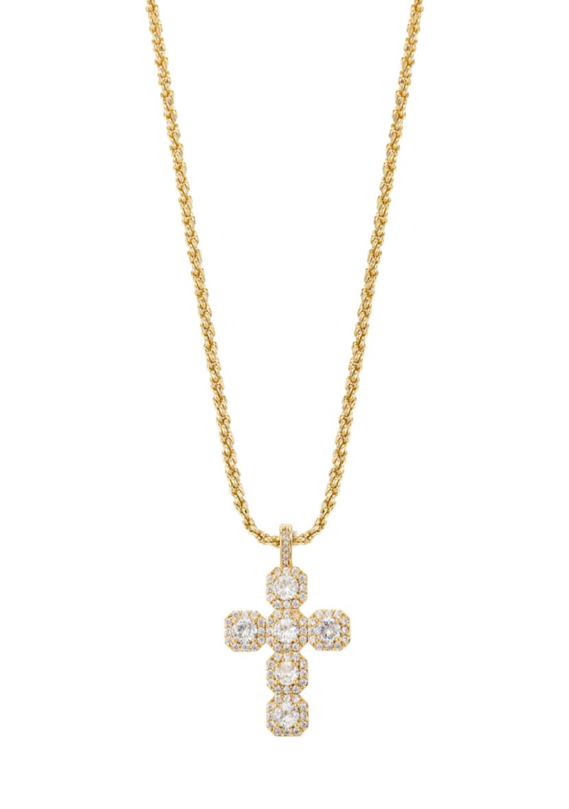 Lab Created Gold Tone Cross Pendant with Round CZ stones Necklace