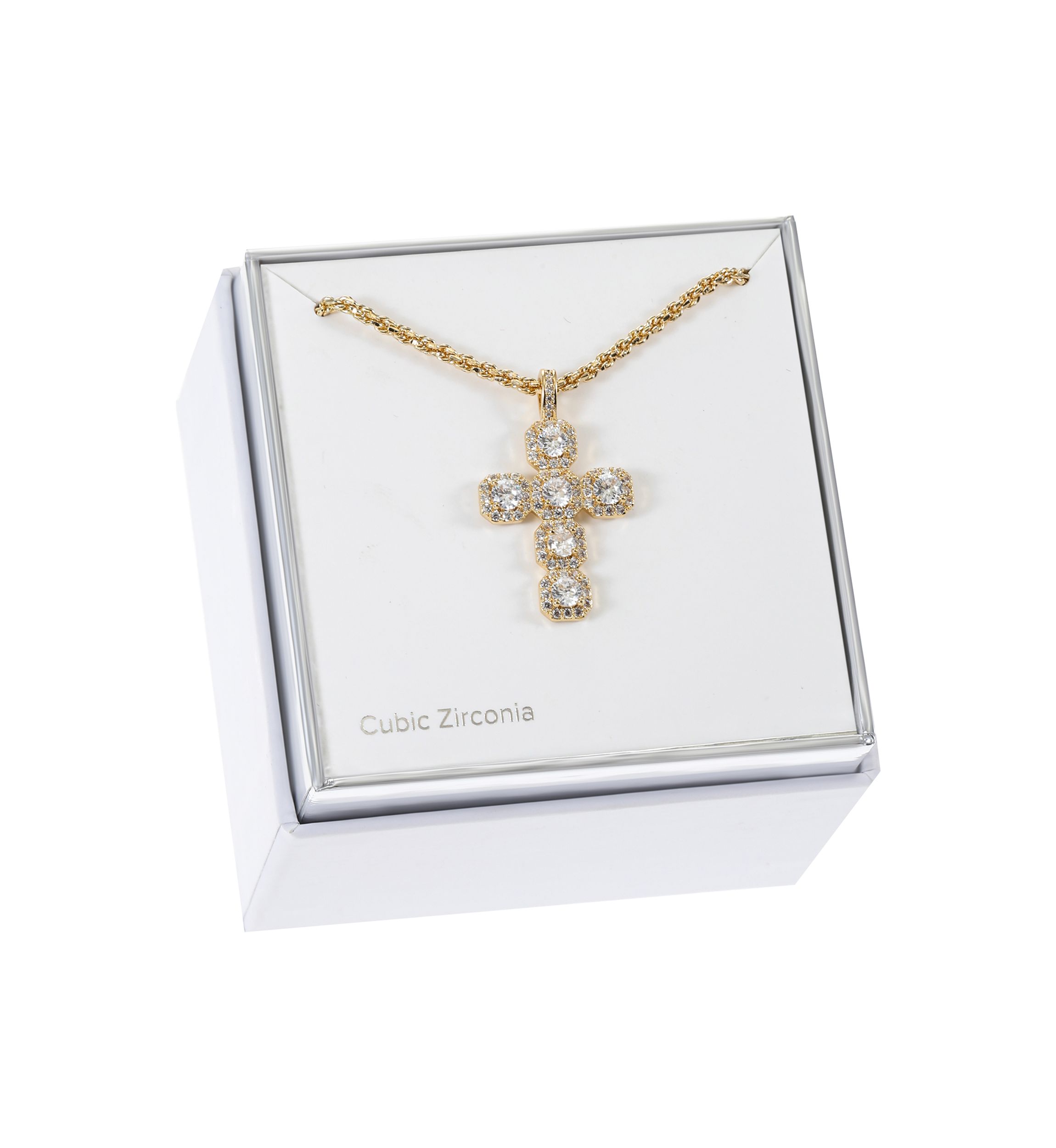 Lab Created Gold Tone Cross Pendant with Round CZ stones Necklace