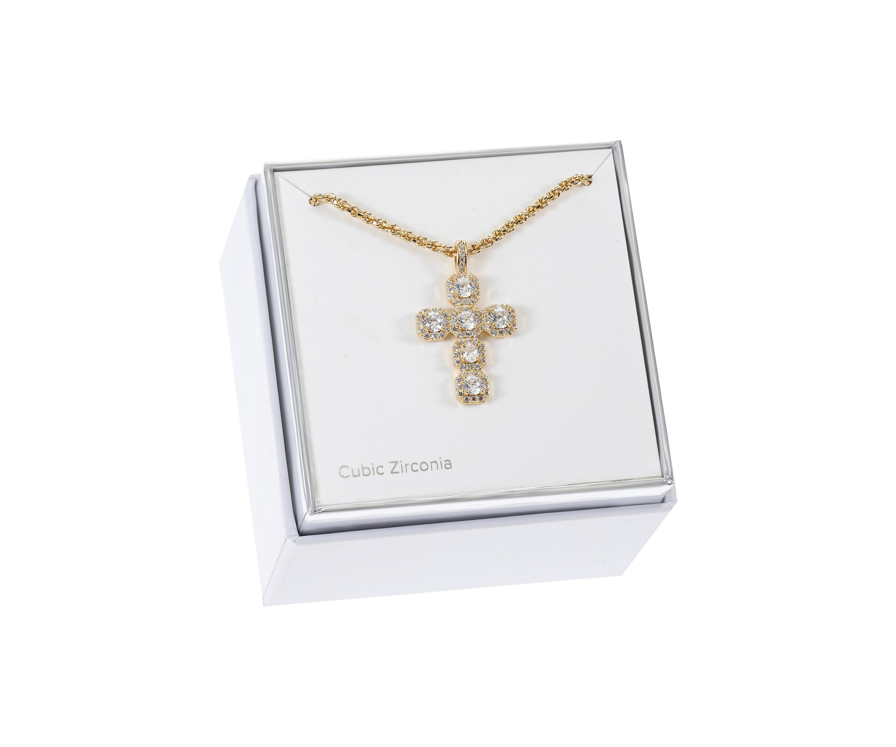 Lab Created Gold Tone Cross Pendant with Round CZ stones Necklace