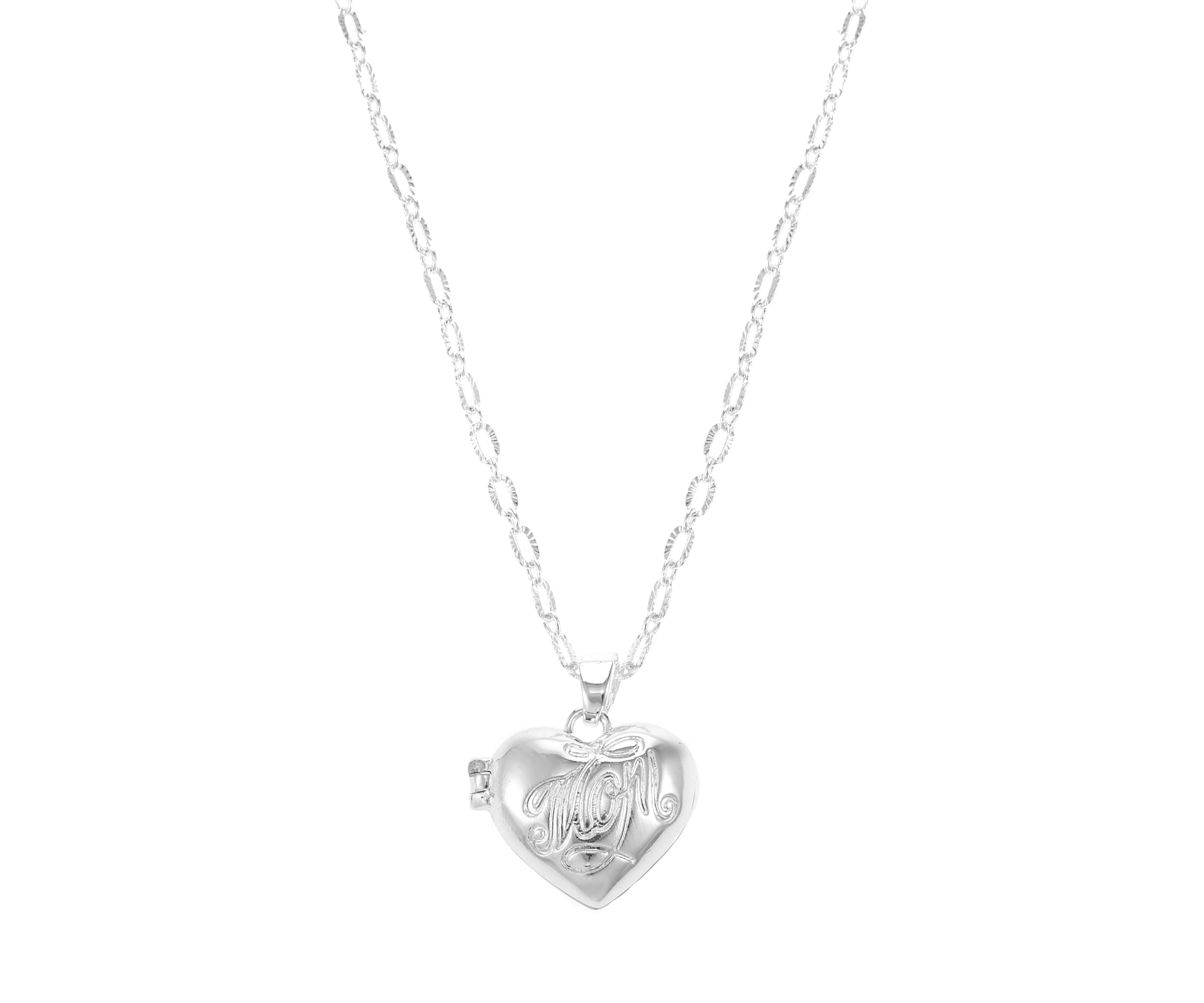 Silver Tone Locket Pendant with Engraved Mom Necklace