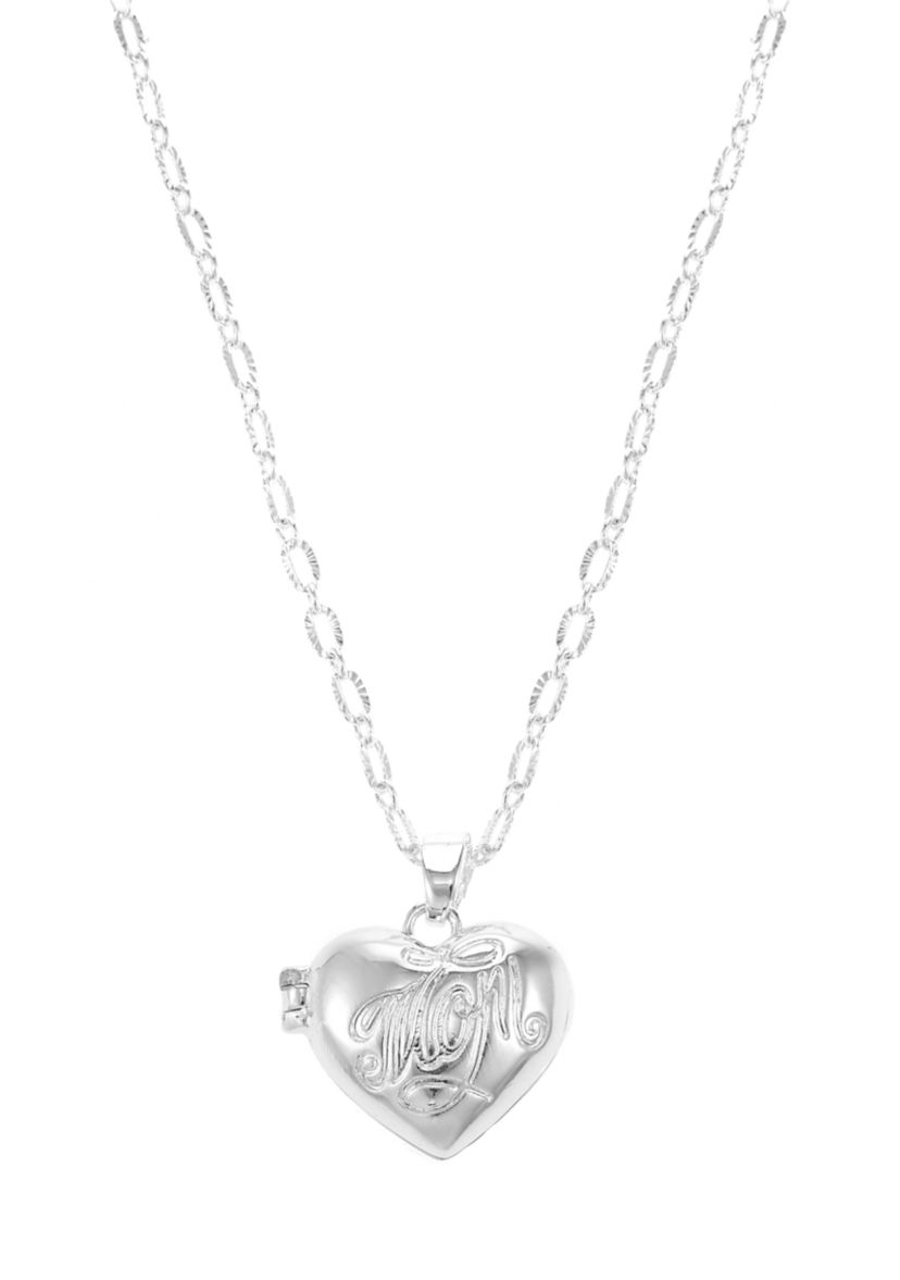 Silver Tone Locket Pendant with Engraved Mom Necklace