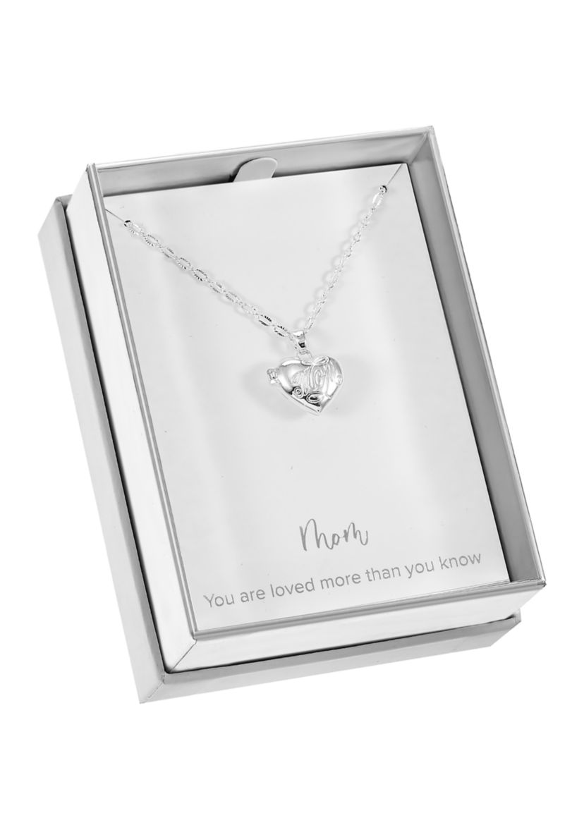 Silver Tone Locket Pendant with Engraved Mom Necklace