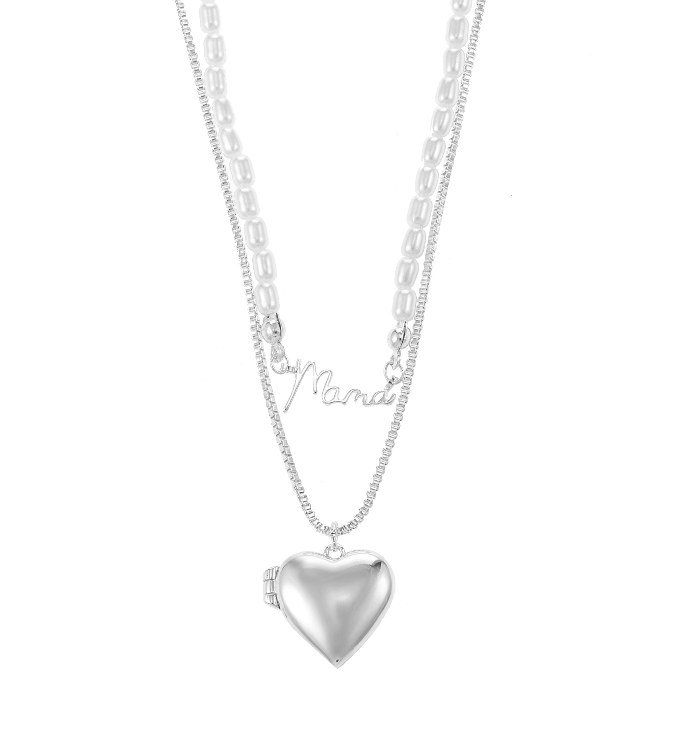 Silver Tone Pendant Duo with Heart Locket and Imitation Pearl Mama Necklace