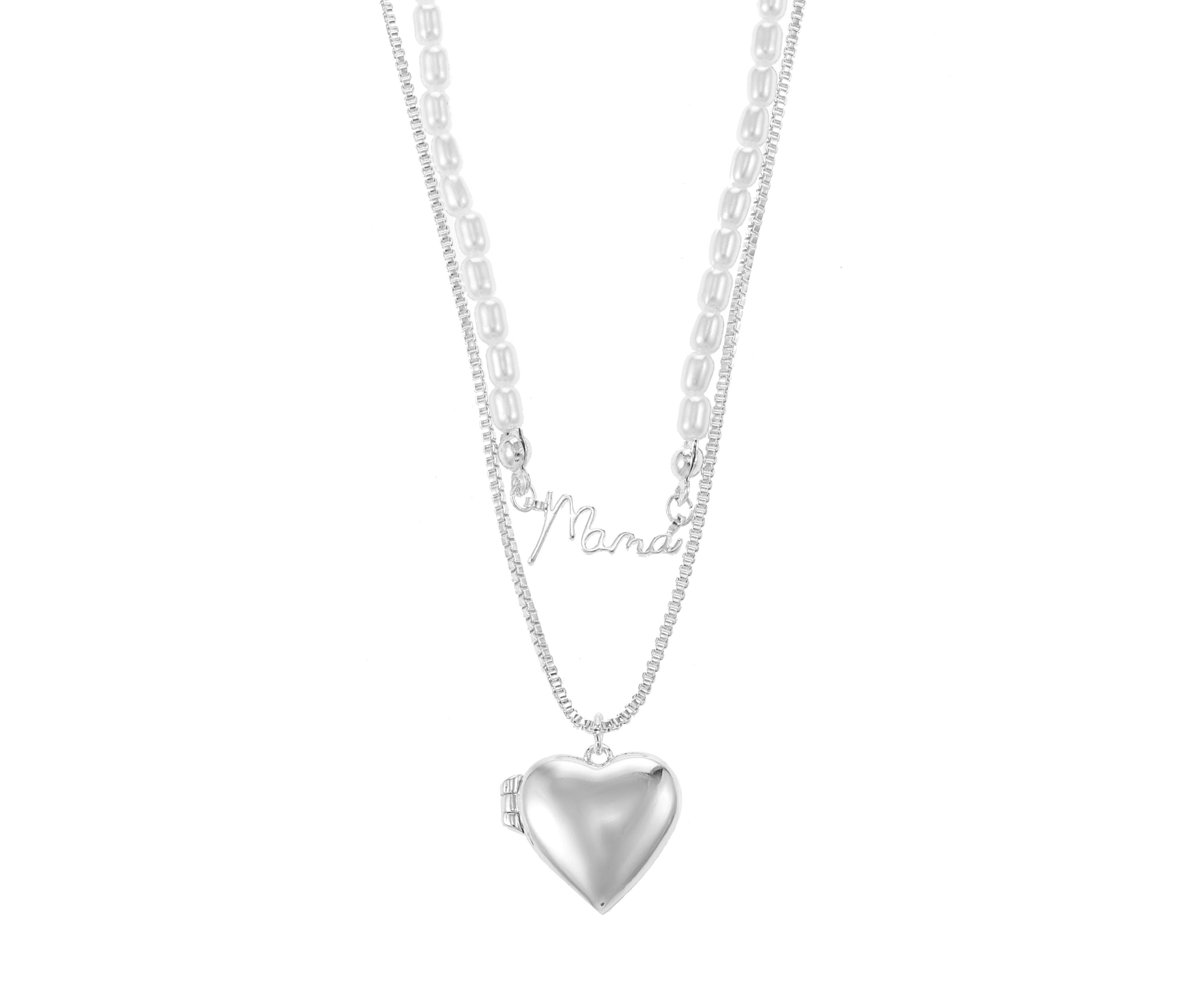 Silver Tone Pendant Duo with Heart Locket and Imitation Pearl Mama Necklace