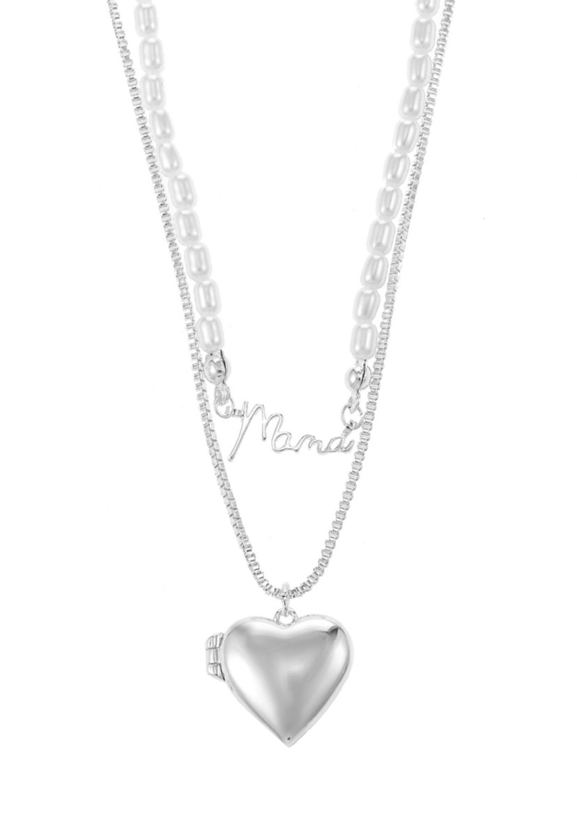 Silver Tone Pendant Duo with Heart Locket and Imitation Pearl Mama Necklace
