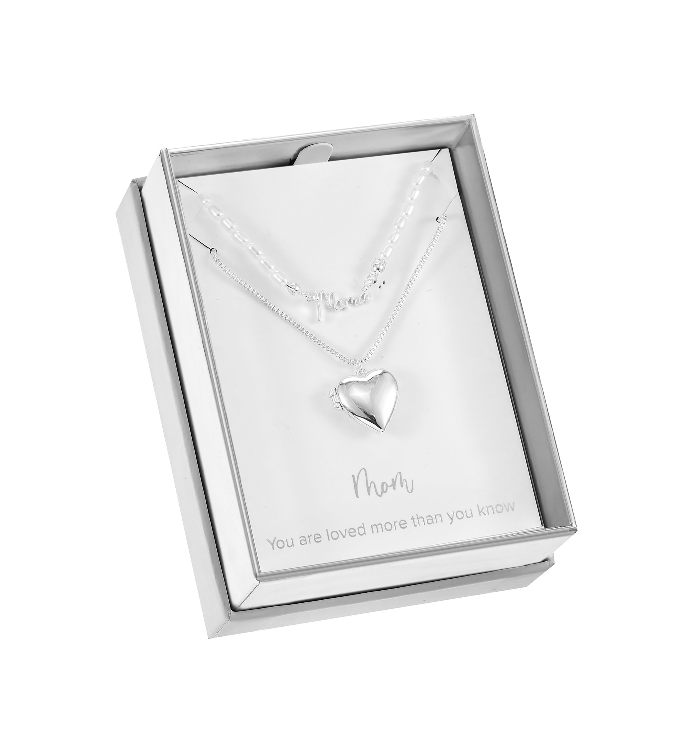 Silver Tone Pendant Duo with Heart Locket and Imitation Pearl Mama Necklace