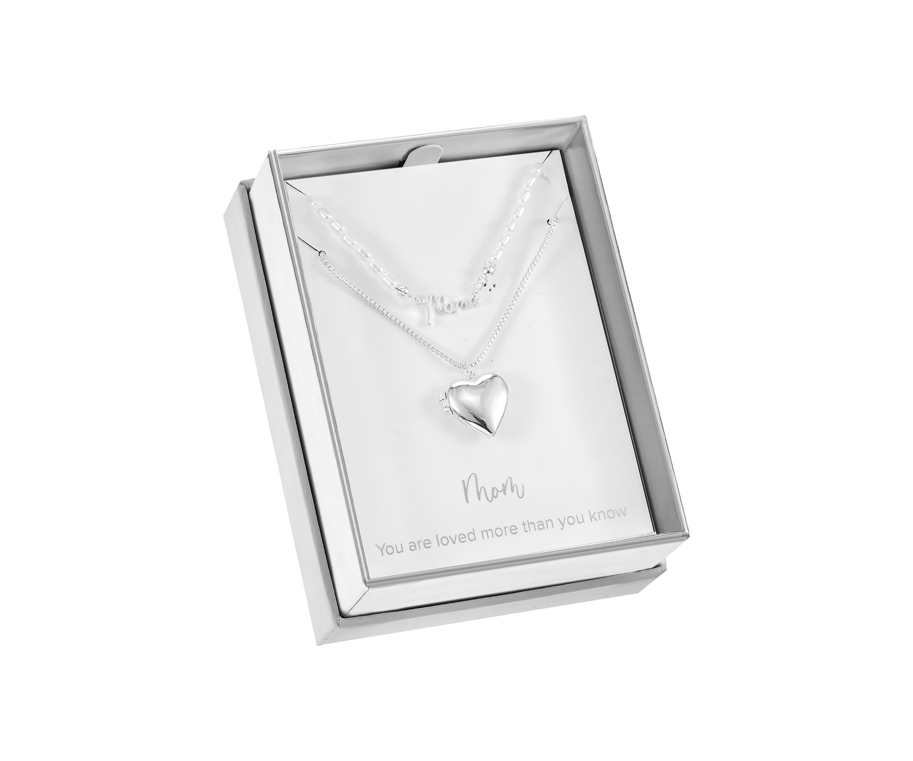 Silver Tone Pendant Duo with Heart Locket and Imitation Pearl Mama Necklace