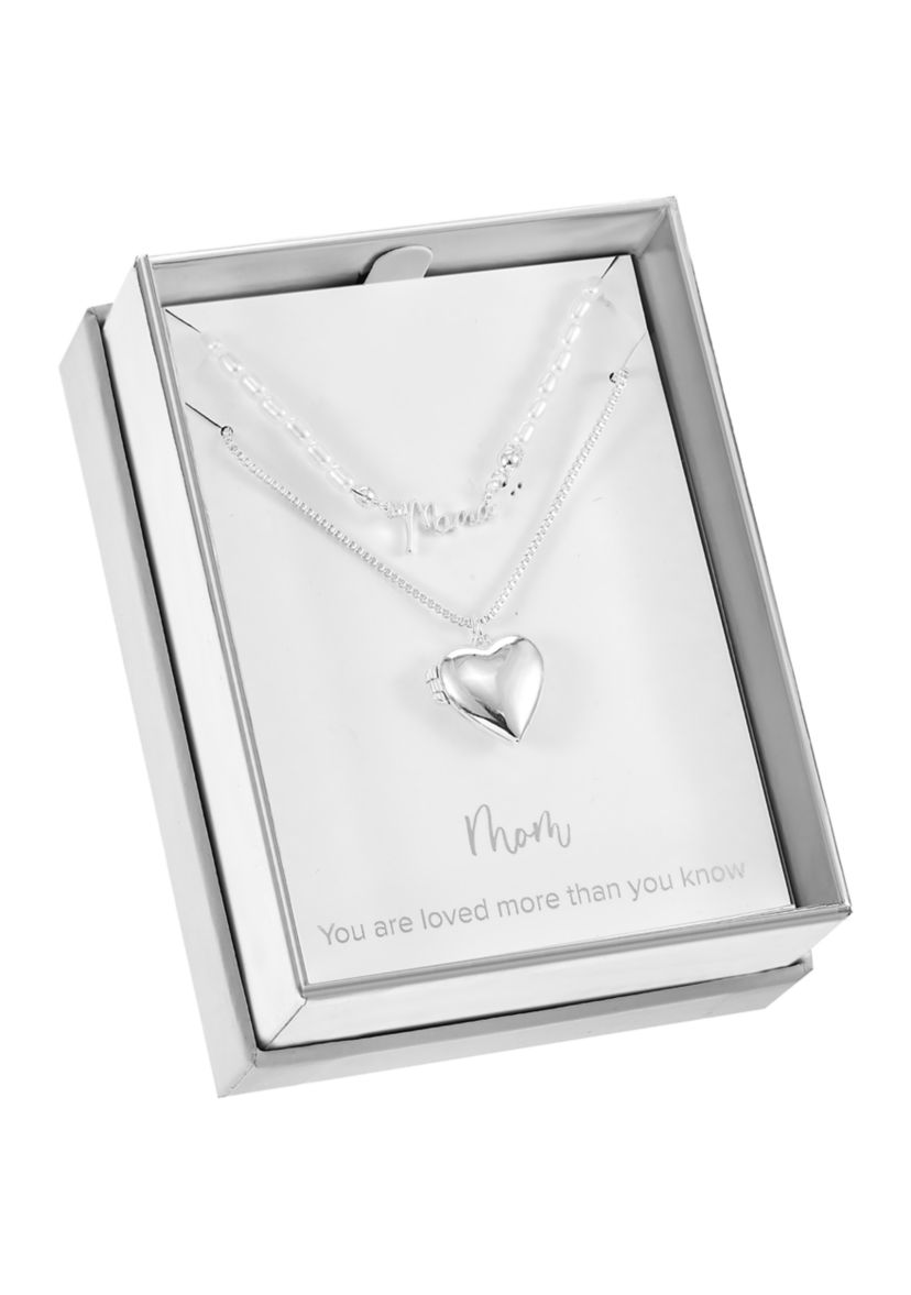 Silver Tone Pendant Duo with Heart Locket and Imitation Pearl Mama Necklace