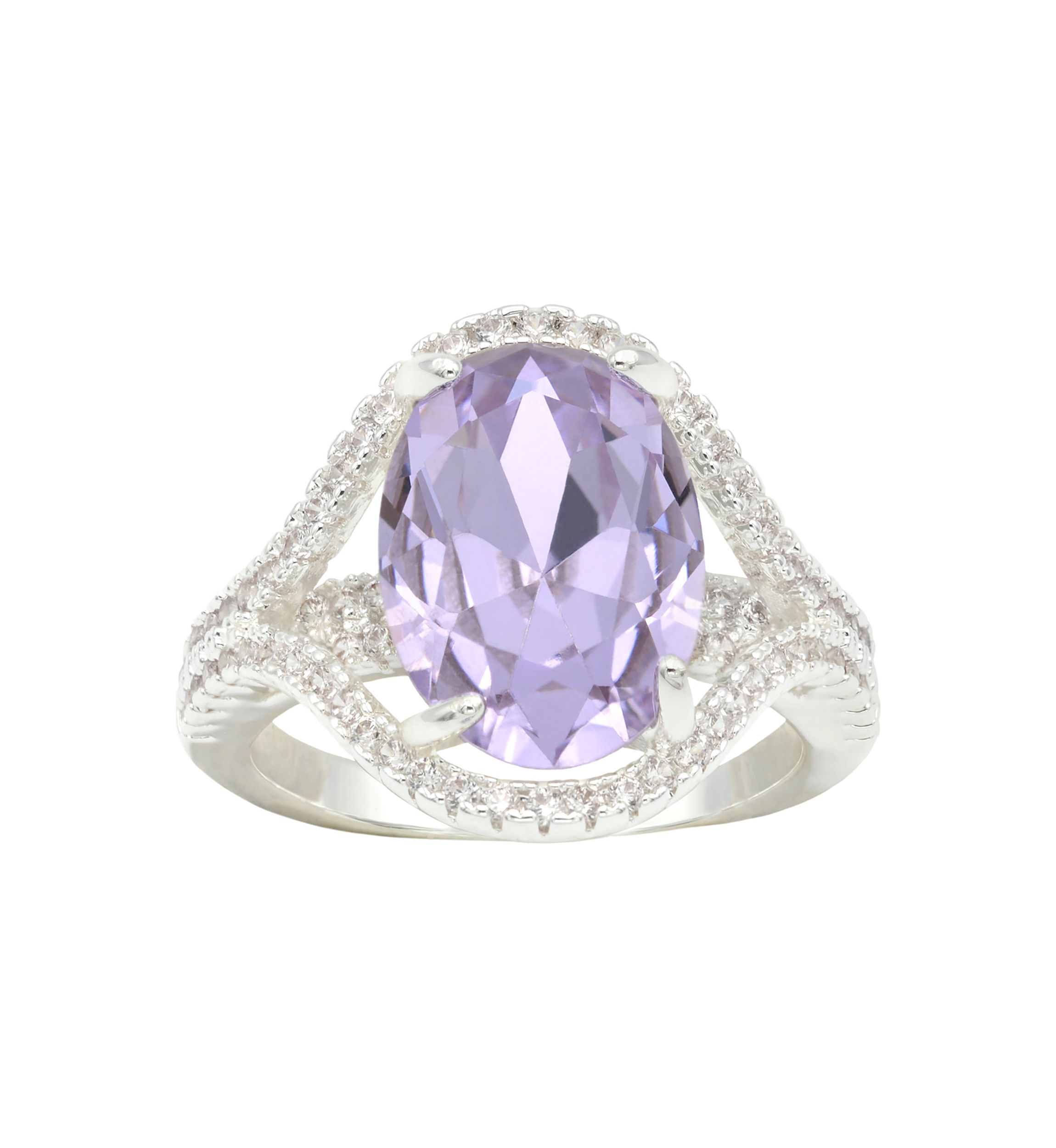 Lab Grown Silver Tone Oval Light Amethyst Crystal with Pavé Cubic Zirconia Ring