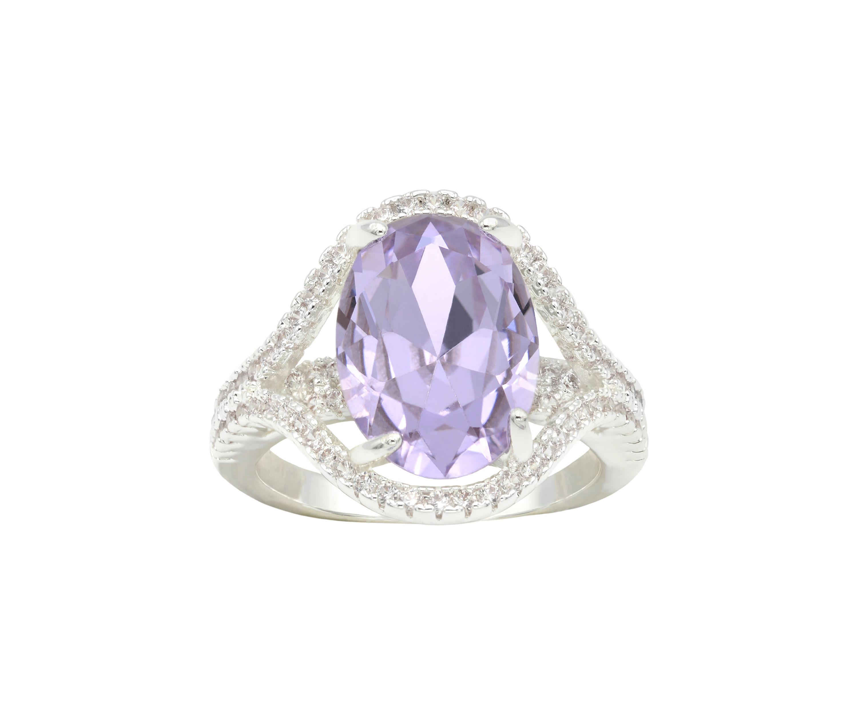 Lab Grown Silver Tone Oval Light Amethyst Crystal with Pavé Cubic Zirconia Ring