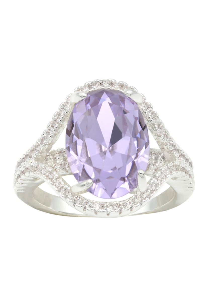 Lab Grown Silver Tone Oval Light Amethyst Crystal with Pavé Cubic Zirconia Ring
