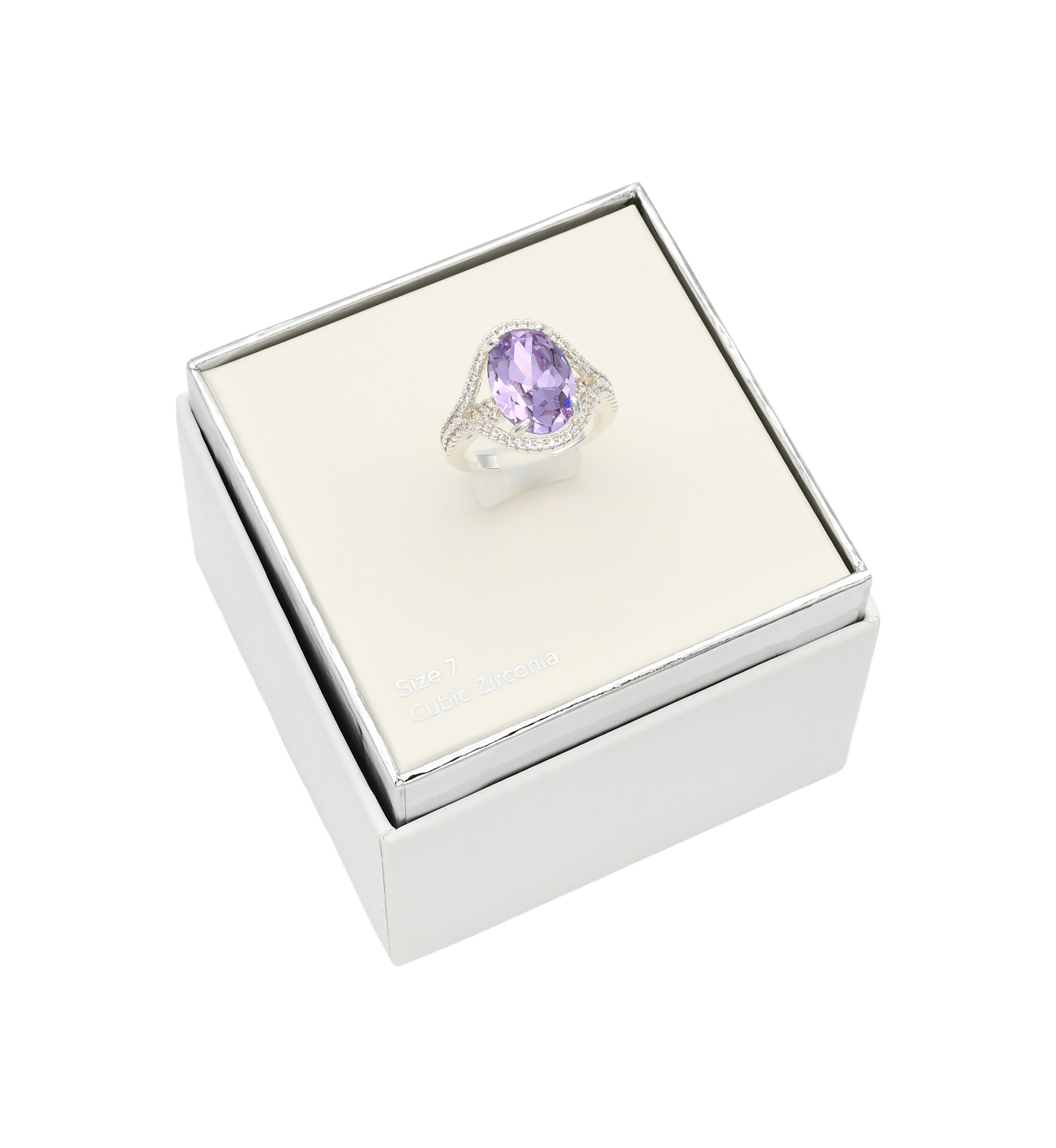 Lab Grown Silver Tone Oval Light Amethyst Crystal with Pavé Cubic Zirconia Ring