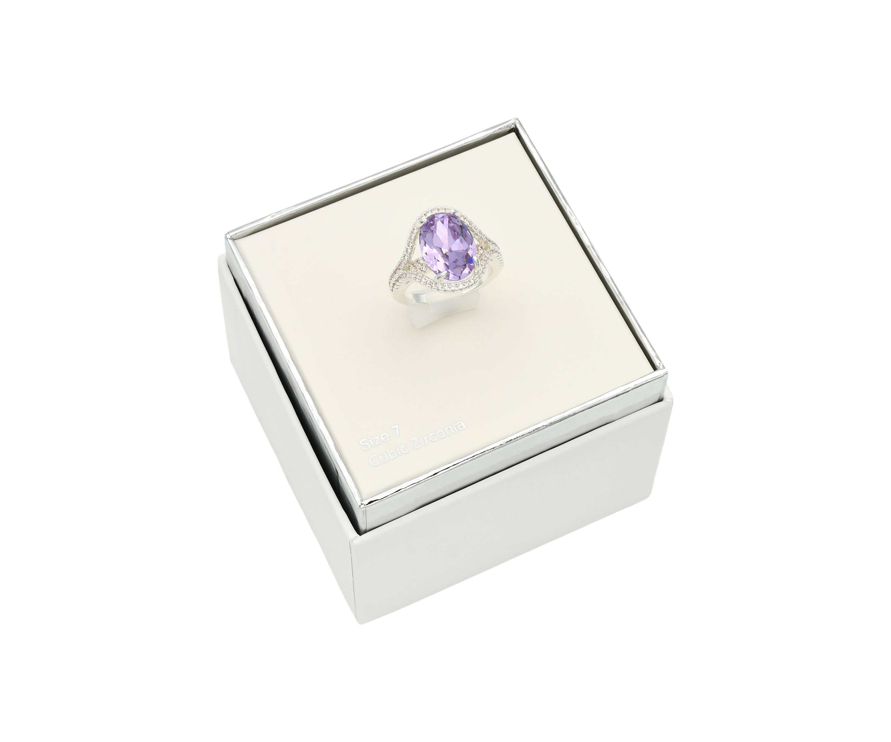 Lab Grown Silver Tone Oval Light Amethyst Crystal with Pavé Cubic Zirconia Ring