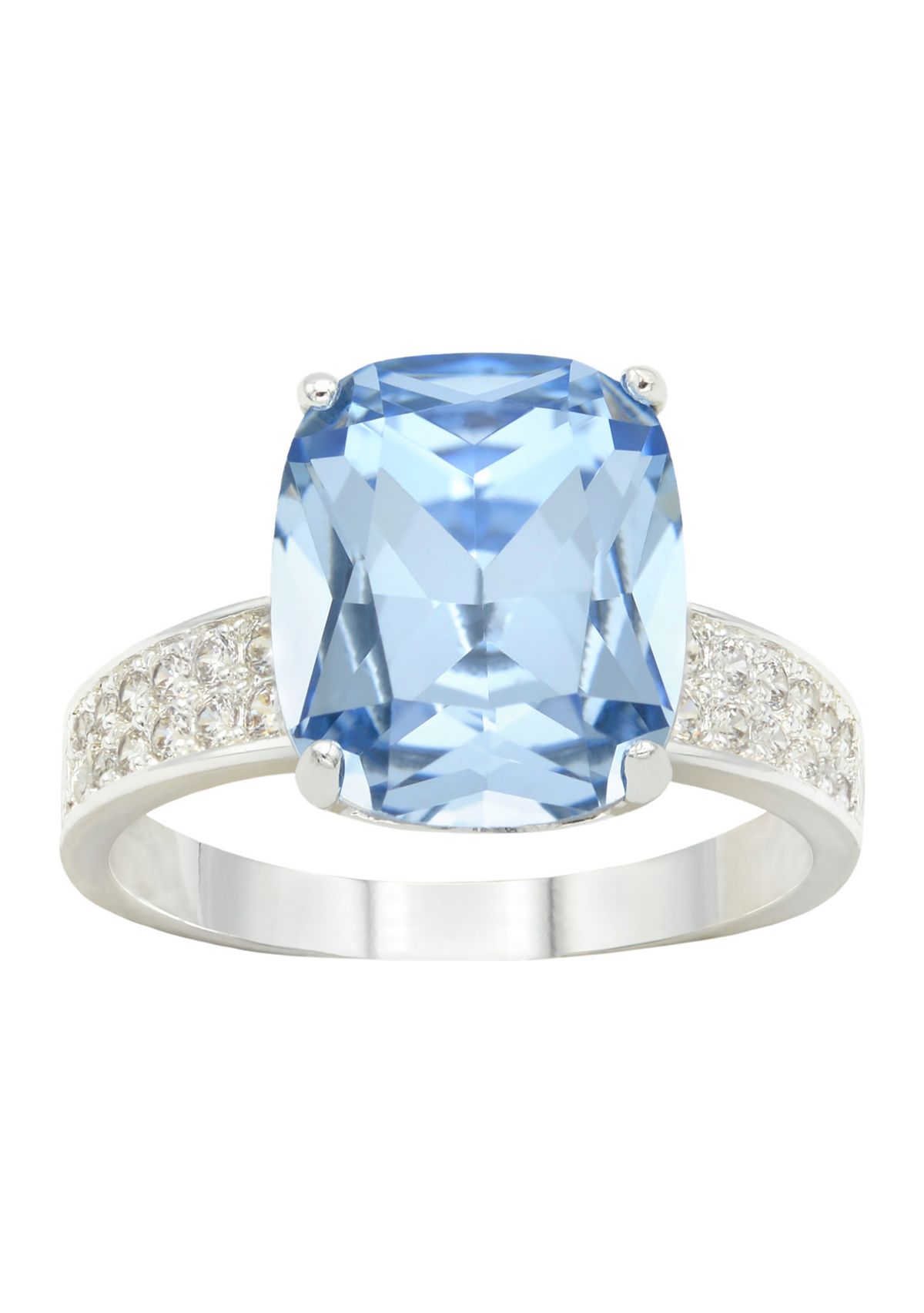 Lab Grown Silver Tone Cushion Cut Sapphire Crystal with Pavé Cubic Zirconia Band Ring