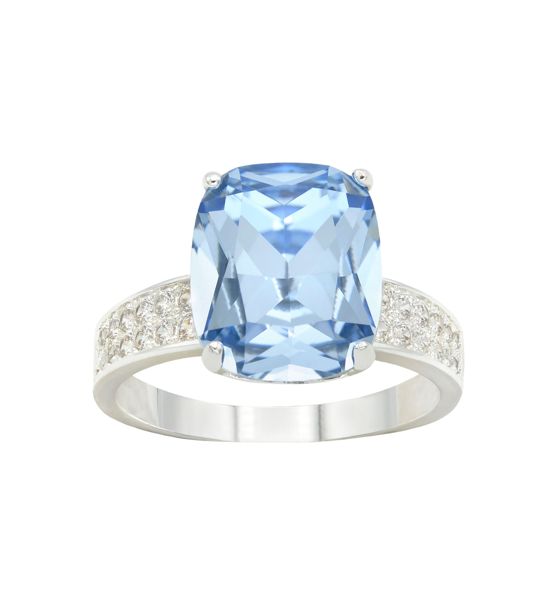 Lab Grown Silver Tone Cushion Cut Sapphire Crystal with Pavé Cubic Zirconia Band Ring