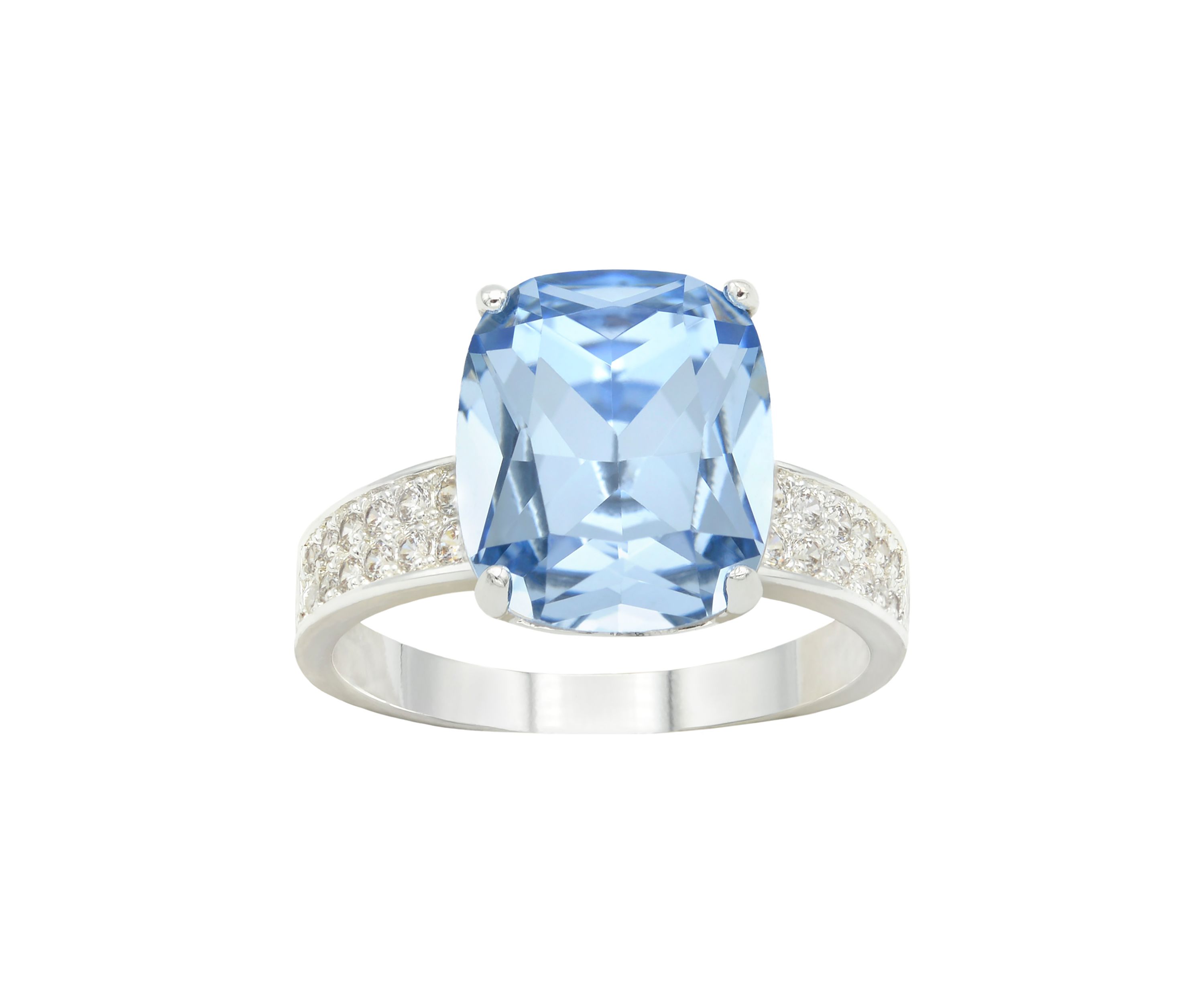 Lab Grown Silver Tone Cushion Cut Sapphire Crystal with Pavé Cubic Zirconia Band Ring