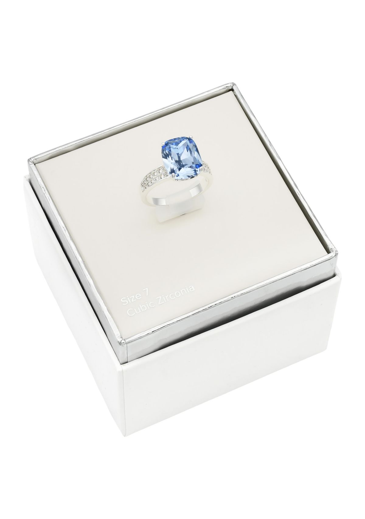 Lab Grown Silver Tone Cushion Cut Sapphire Crystal with Pavé Cubic Zirconia Band Ring