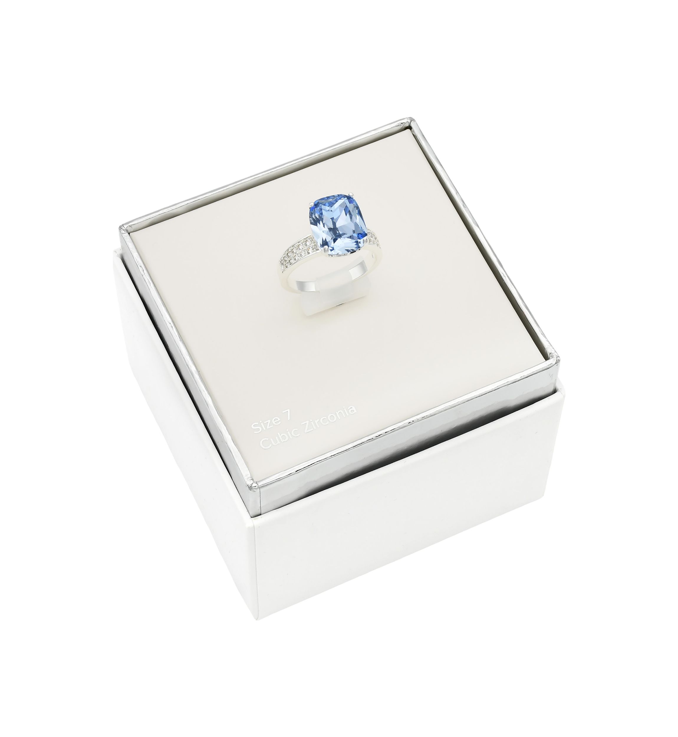 Lab Grown Silver Tone Cushion Cut Sapphire Crystal with Pavé Cubic Zirconia Band Ring