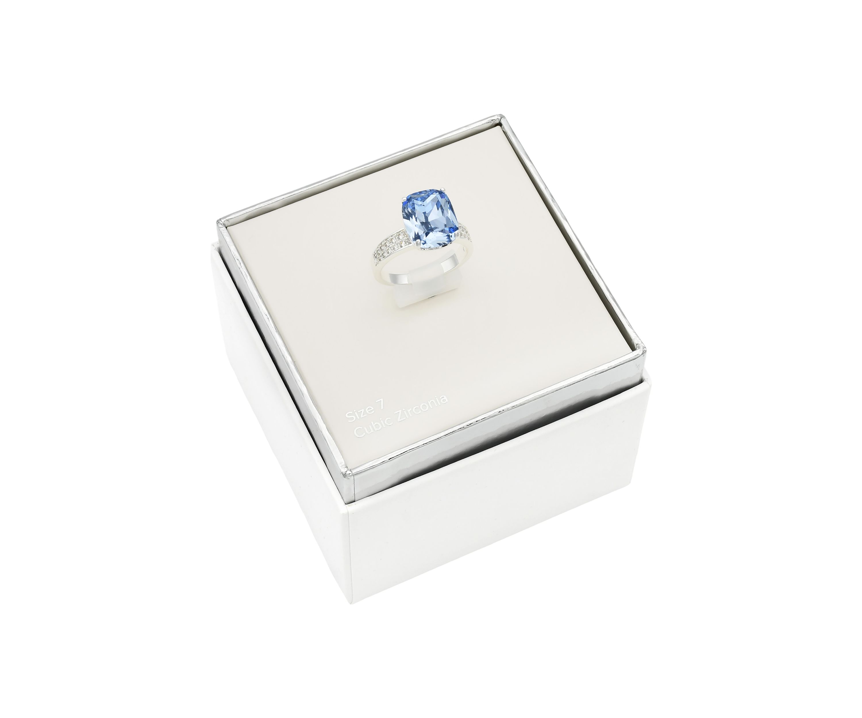 Lab Grown Silver Tone Cushion Cut Sapphire Crystal with Pavé Cubic Zirconia Band Ring