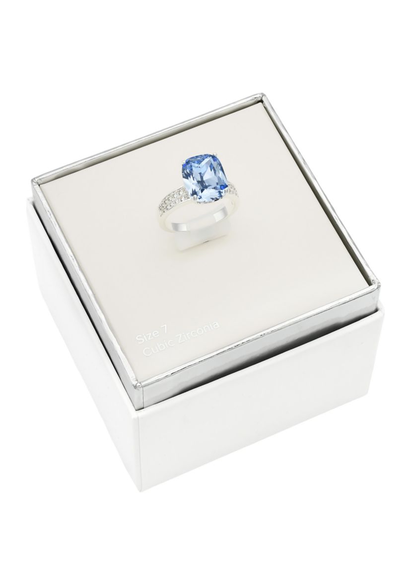 Lab Grown Silver Tone Cushion Cut Sapphire Crystal with Pavé Cubic Zirconia Band Ring