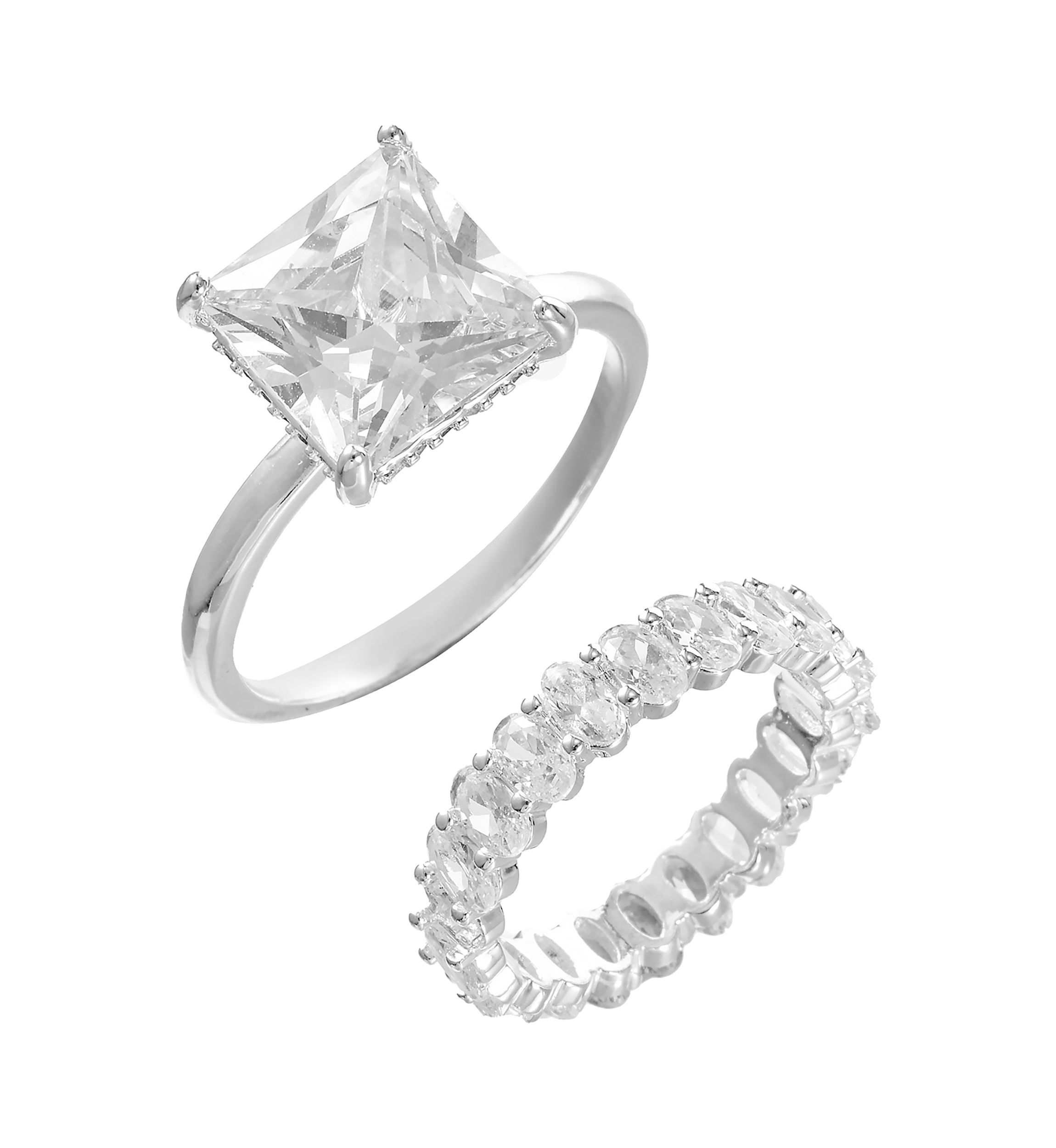 Silver Tone Square Cubic Zirconia Solitaire and Infinity Band Engagement Ring Set 
