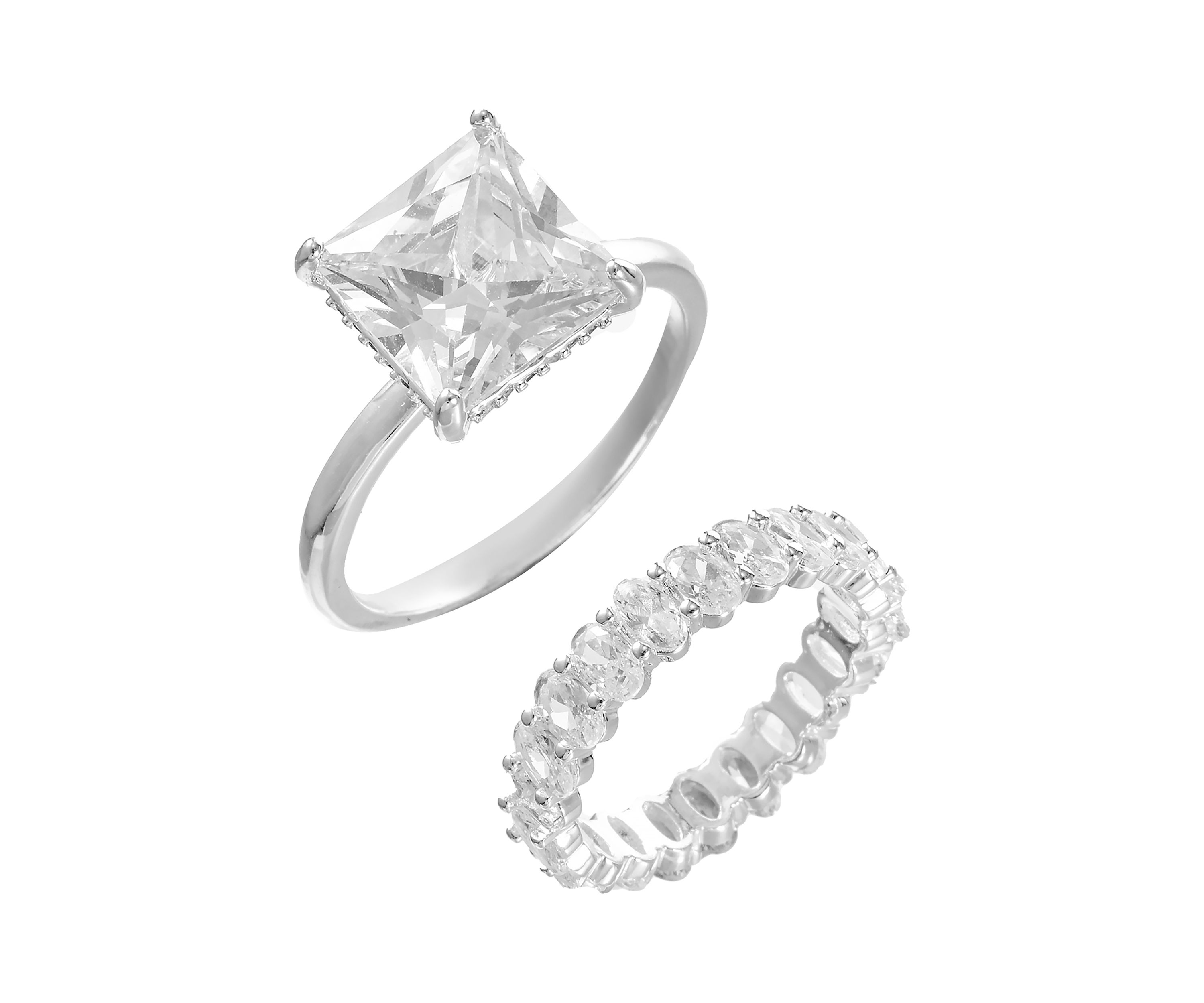 Silver Tone Square Cubic Zirconia Solitaire and Infinity Band Engagement Ring Set 