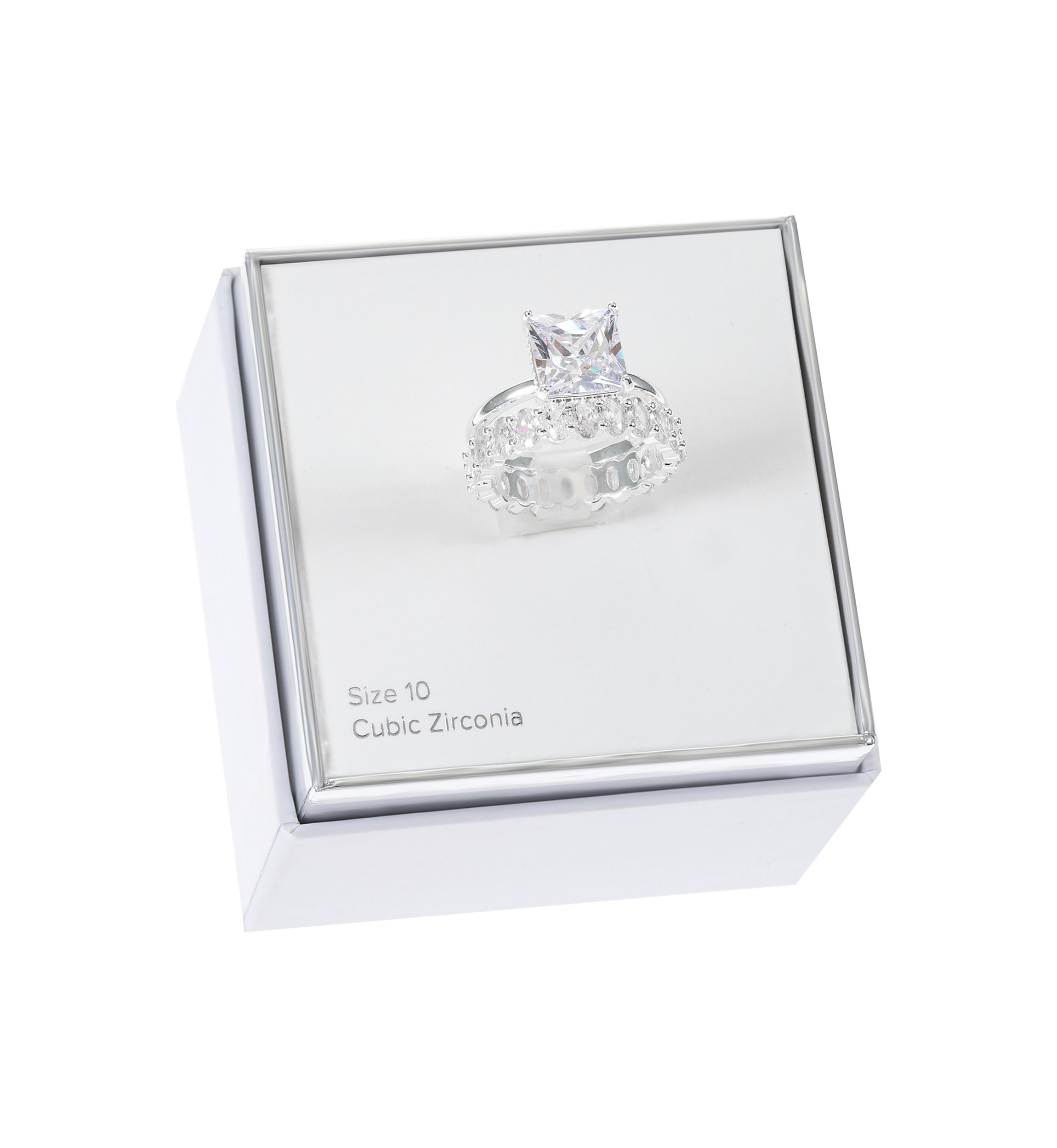 Silver Tone Square Cubic Zirconia Solitaire and Infinity Band Engagement Ring Set 