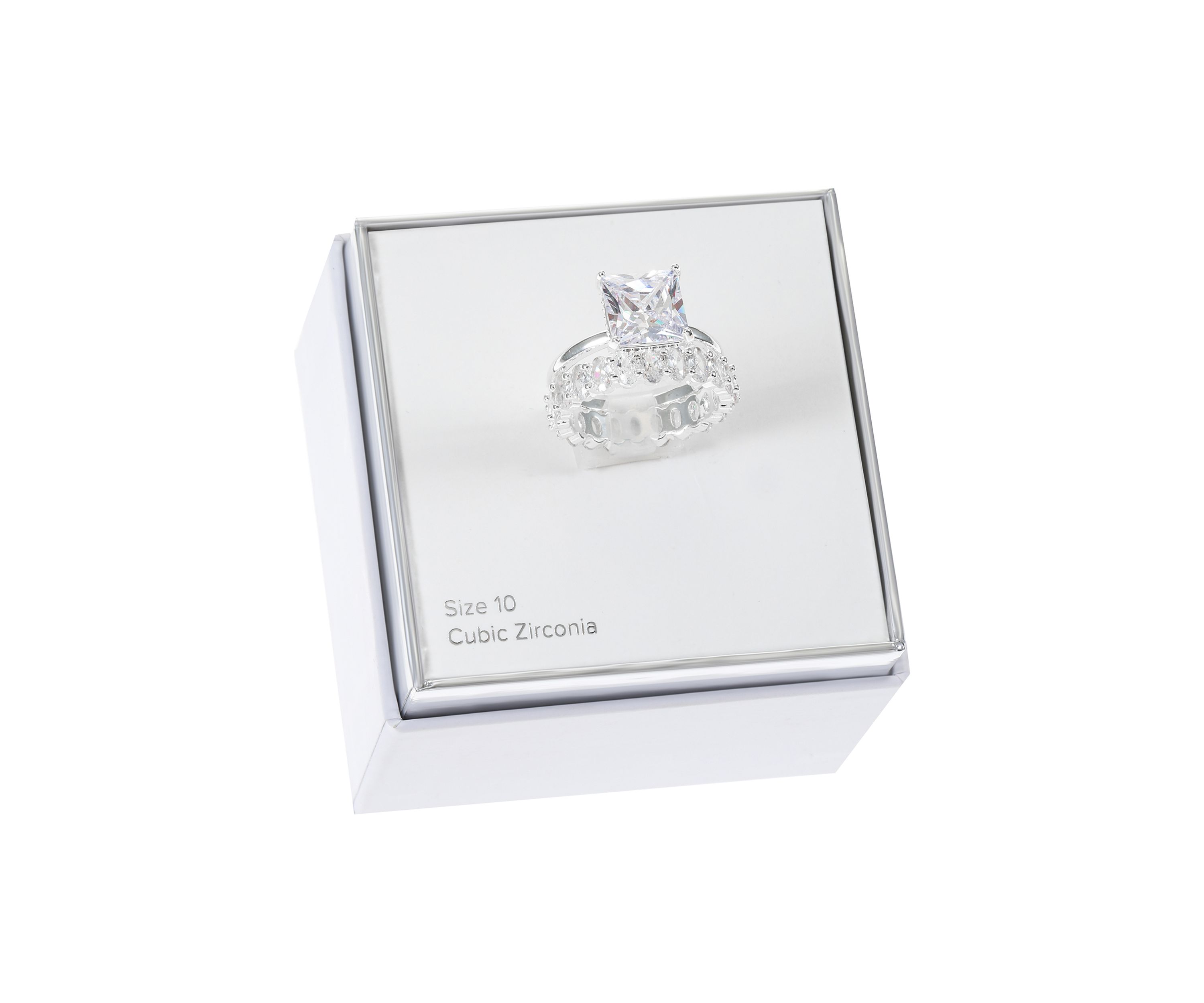 Silver Tone Square Cubic Zirconia Solitaire and Infinity Band Engagement Ring Set 