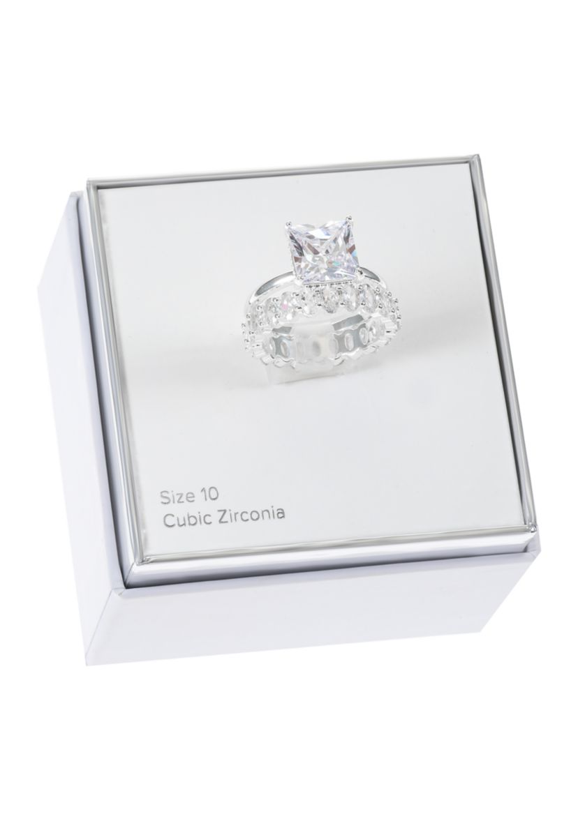 Silver Tone Square Cubic Zirconia Solitaire and Infinity Band Engagement Ring Set 