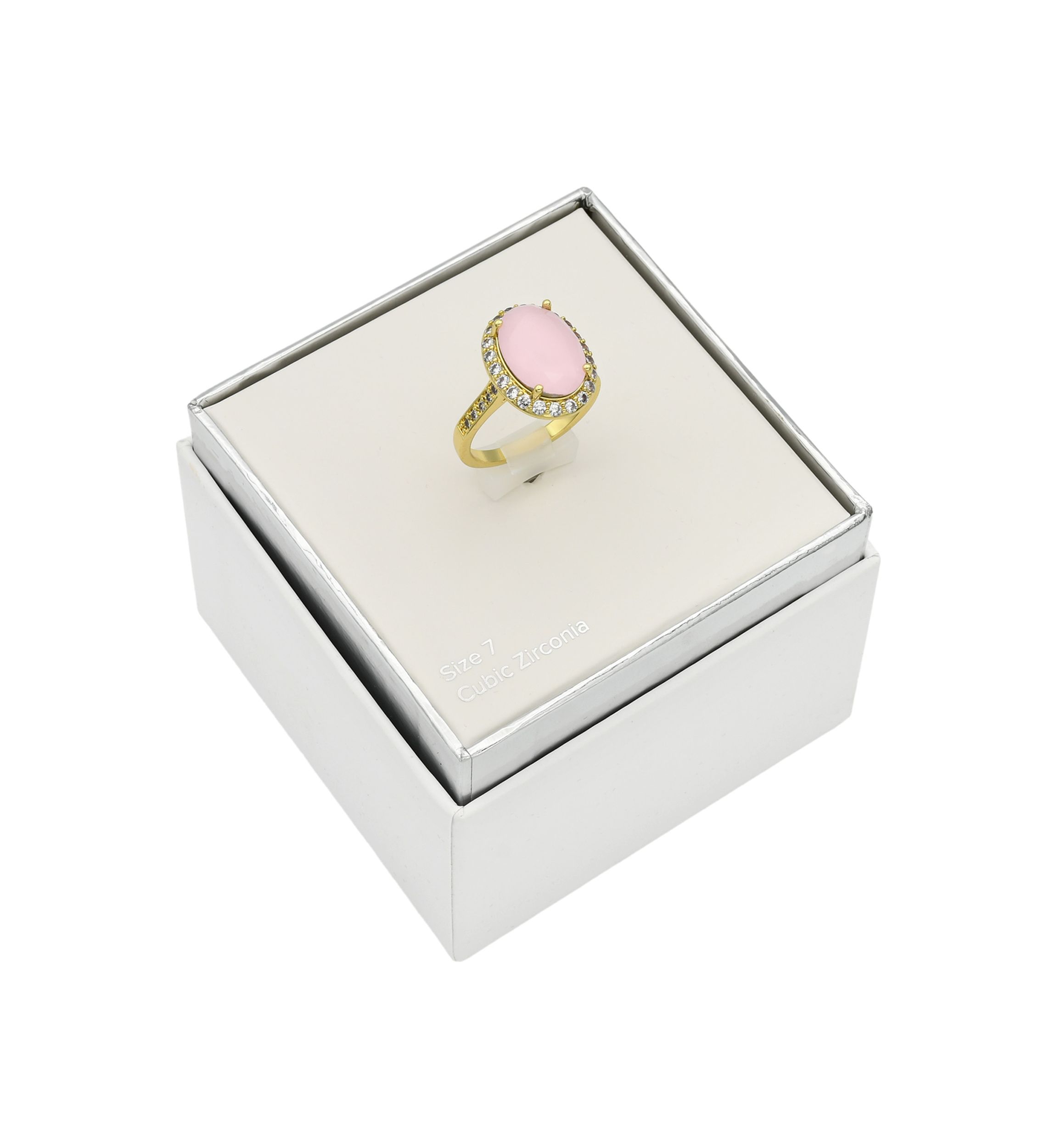 Lab Grown Gold Tone Oval Rose Crystal Pavé Cubic Zirconia Halo Ring