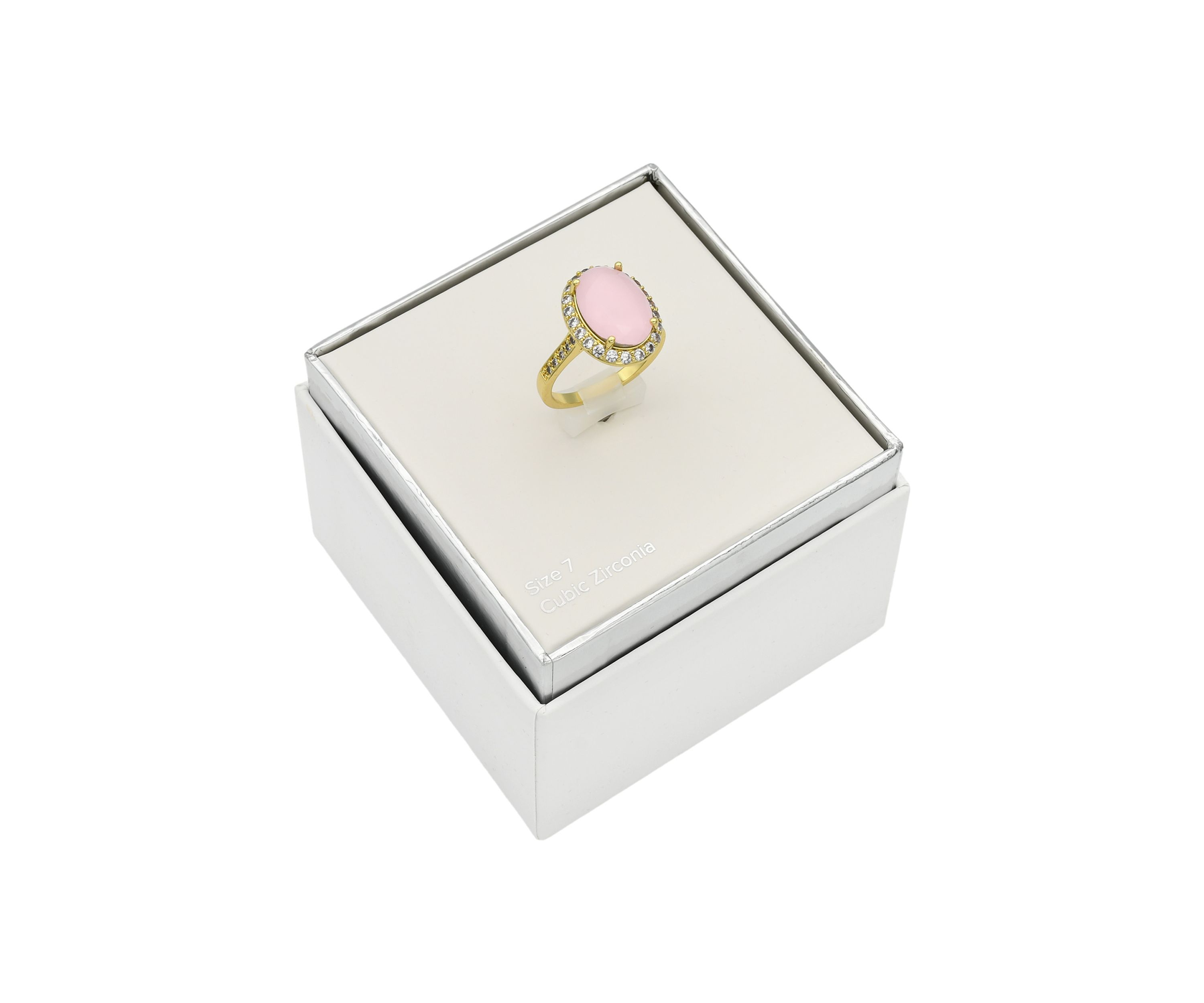 Lab Grown Gold Tone Oval Rose Crystal Pavé Cubic Zirconia Halo Ring
