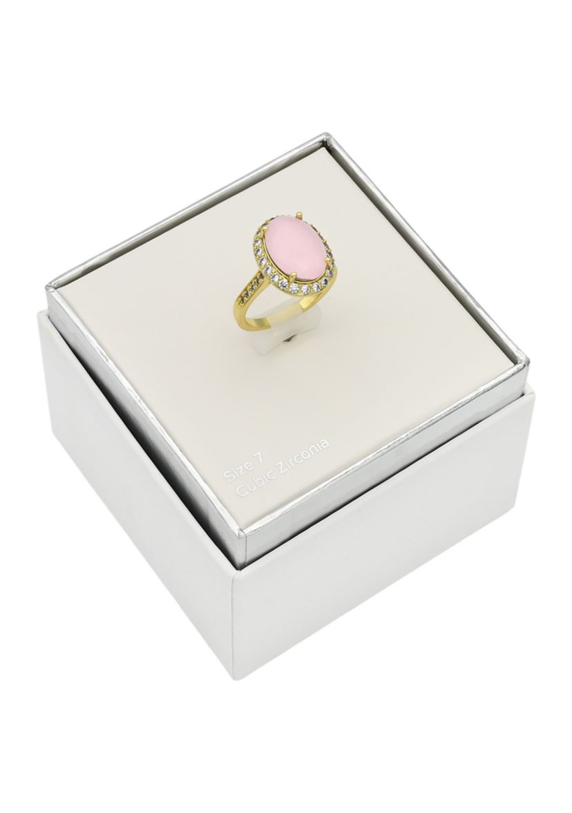 Lab Grown Gold Tone Oval Rose Crystal Pavé Cubic Zirconia Halo Ring