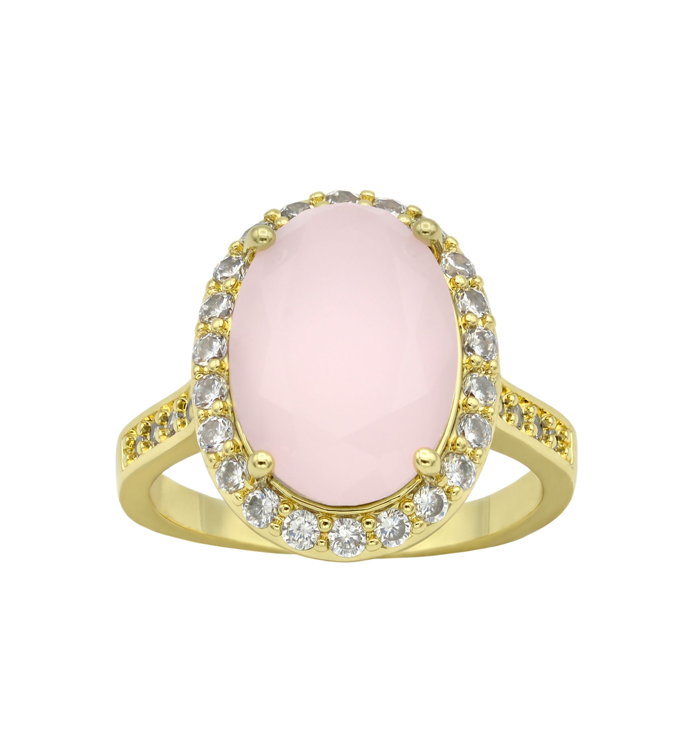 Lab Grown Gold Tone Oval Rose Crystal Pavé Cubic Zirconia Halo Ring