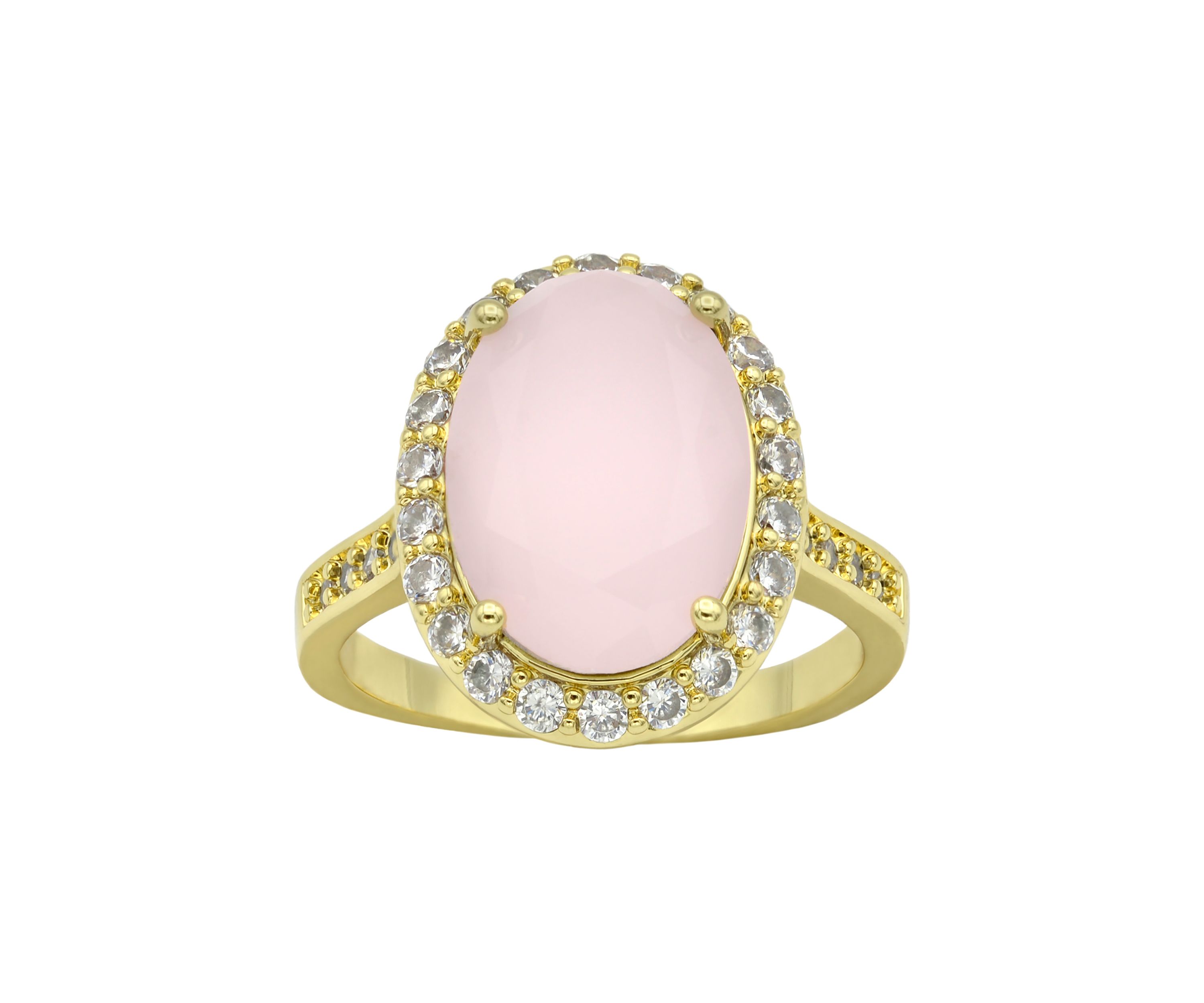 Lab Grown Gold Tone Oval Rose Crystal Pavé Cubic Zirconia Halo Ring