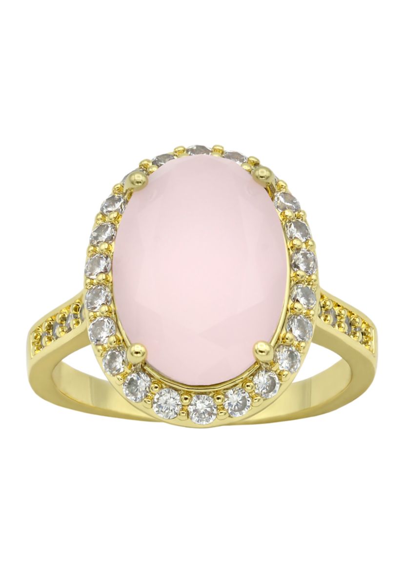 Lab Grown Gold Tone Oval Rose Crystal Pavé Cubic Zirconia Halo Ring