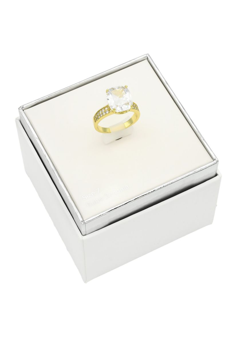 Lab Grown Gold Tone Cushion Cut Cubic Zirconia Double Row Pavé Band Ring