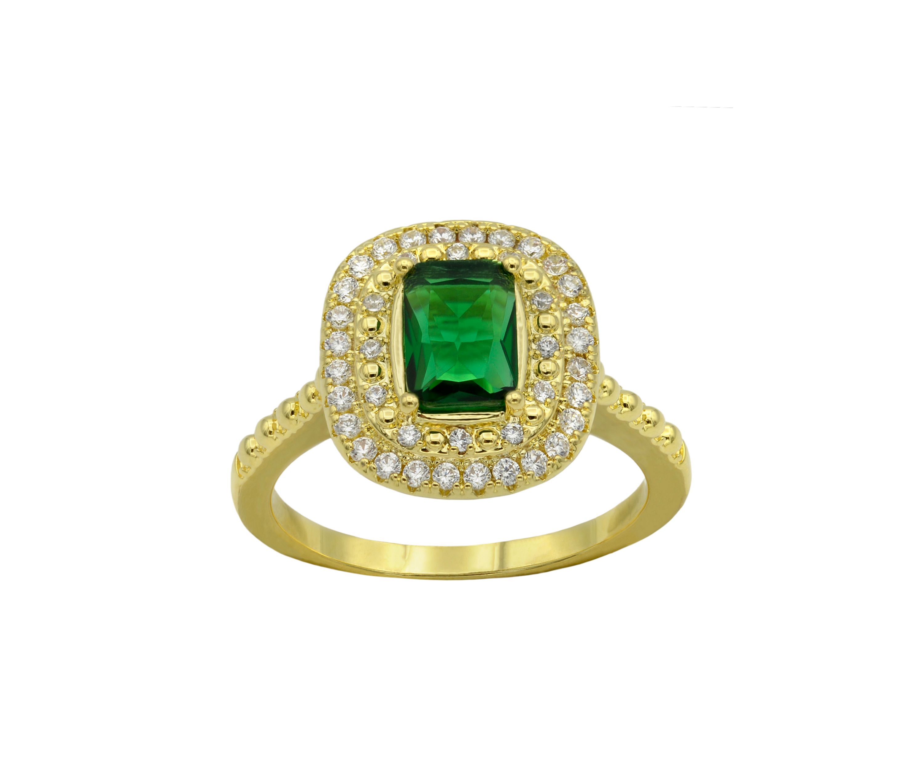Lab Grown Gold Tone Emerald Crystal with Pavé Cubic Zirconia Double Halo Ring