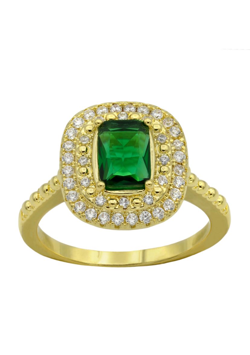 Lab Grown Gold Tone Emerald Crystal with Pavé Cubic Zirconia Double Halo Ring