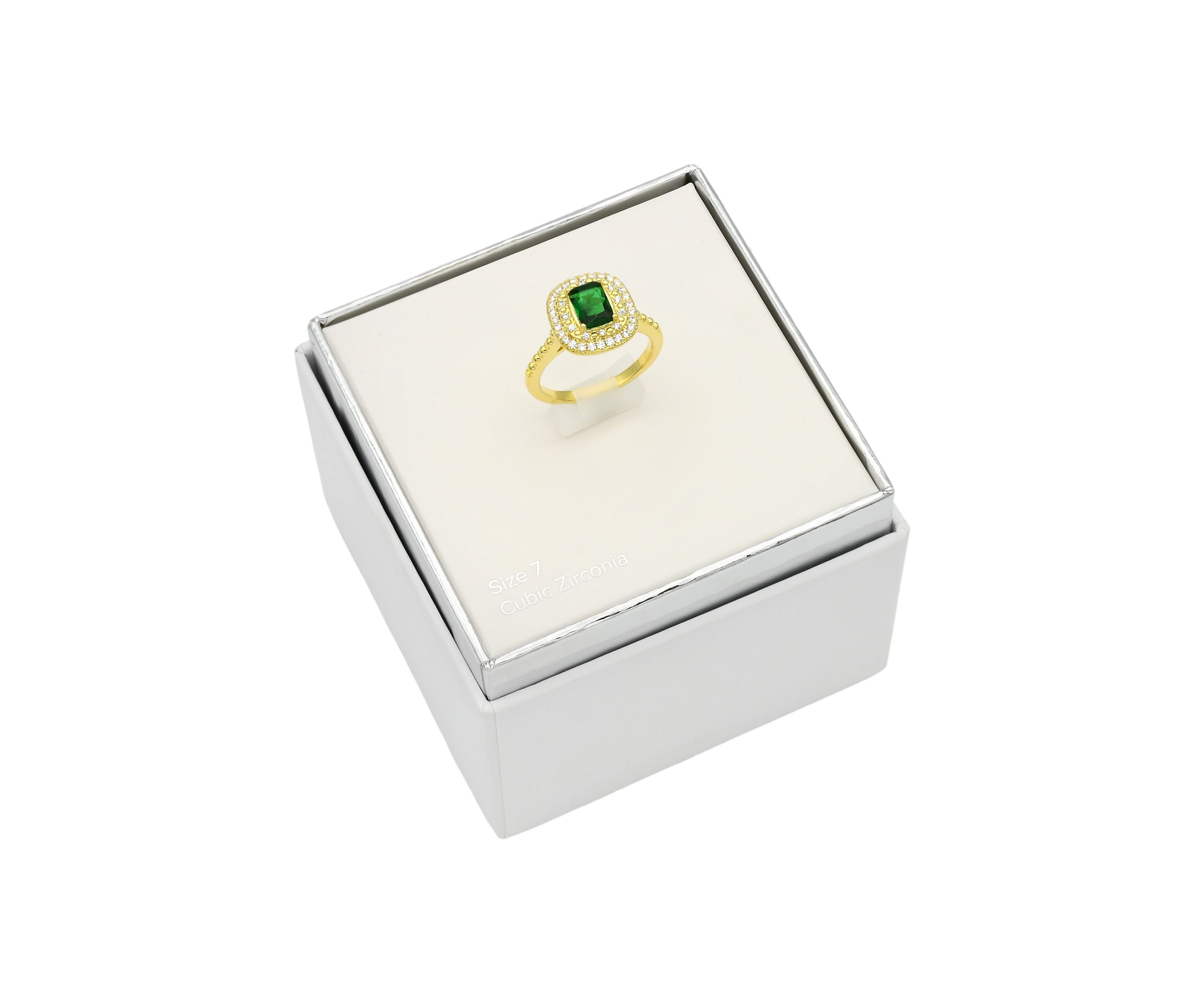 Lab Grown Gold Tone Emerald Crystal with Pavé Cubic Zirconia Double Halo Ring